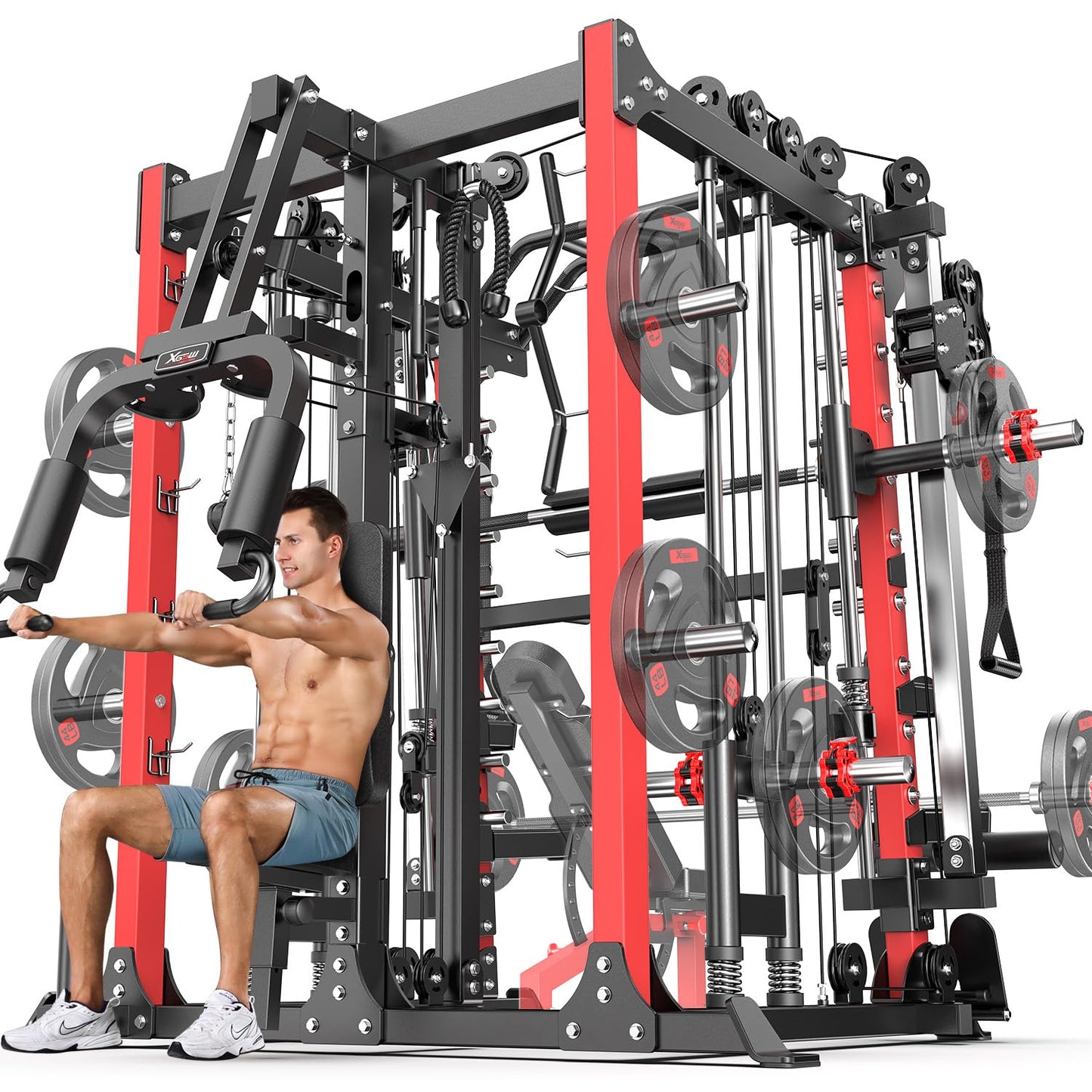 Smith Machine，Multi-Function Squat Rack Power Cage with Cable Crossover System,with Optional Weight Bench, Olympic Barbell Weight Set, for Home Gym (red, L07-Power Cage Only)