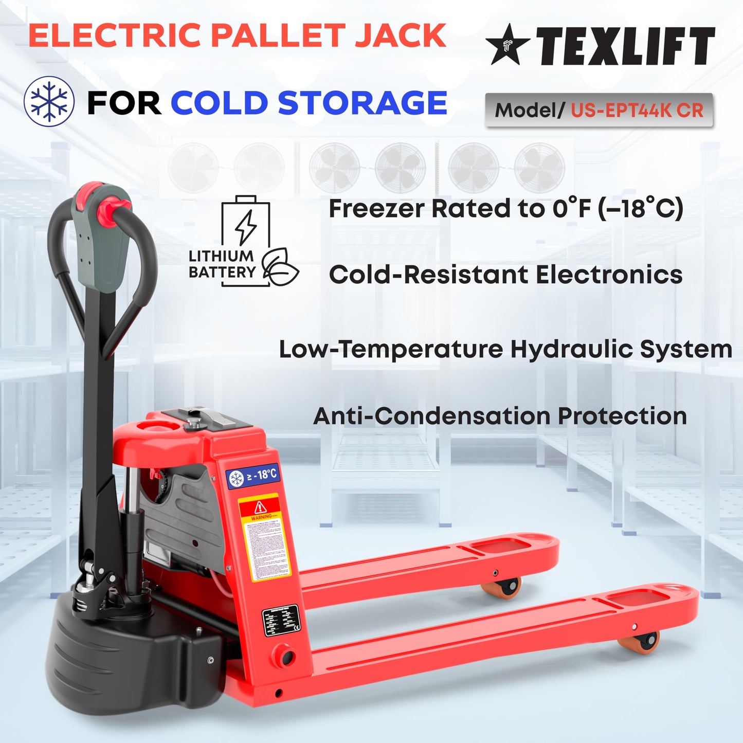 Full Electric Cold Storage Power Pallet Jack 4400 Lb Capacity – 48V/15Ah Lithium Battery, Freezer Rated to 0°F, 45" x 27" Forks, 8" Lift Height, Standard Duty Walkie Pallet Truck (US-EPT44K-CR)