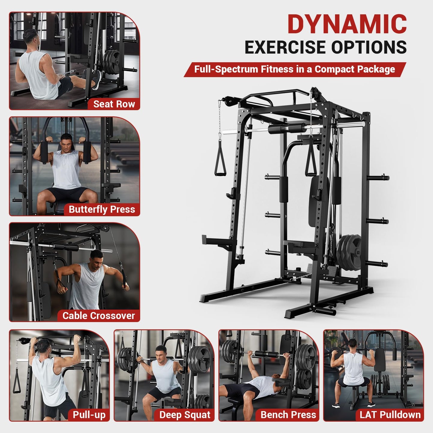GarveeLife Smith Machine, 2000LBS Squat Rack for Home Gym, Multi-Function Power Cage Cable Crossover System Strength Training Equipment, LAT Pulldown Machines, 8 Weight Storage Pin, No Weight Plates