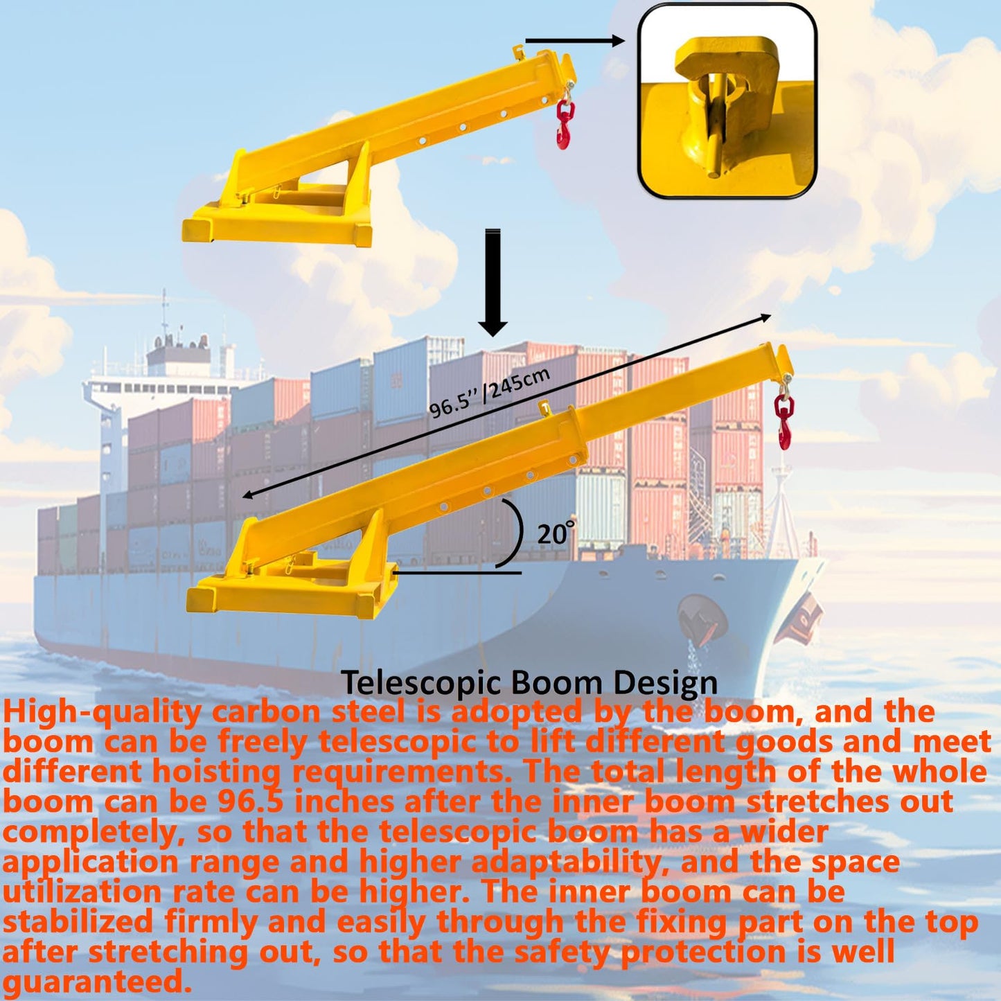 WYDDDARY Adjustable Mobile Crane Lifting Hoist Truss Jib Boom 11023.11LbS Capacity Forklift Telescopic Boom for Forklift Towing Handling(Angle Fixation)