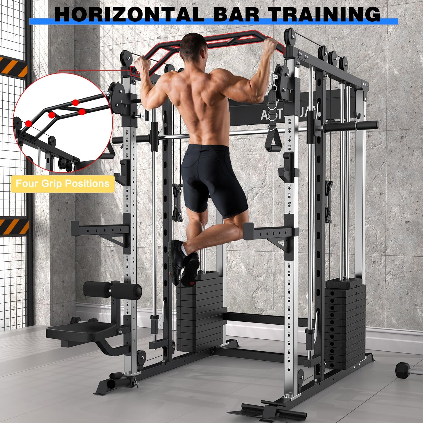 AOTORJAY Smith Machine Strength Training Squat Rack with Smith Bar, Power Cage with LAT Pull-Down Systems, Cable Crossover Machine for Home Gym (Smith Machine with 352lbs Weight Stack)