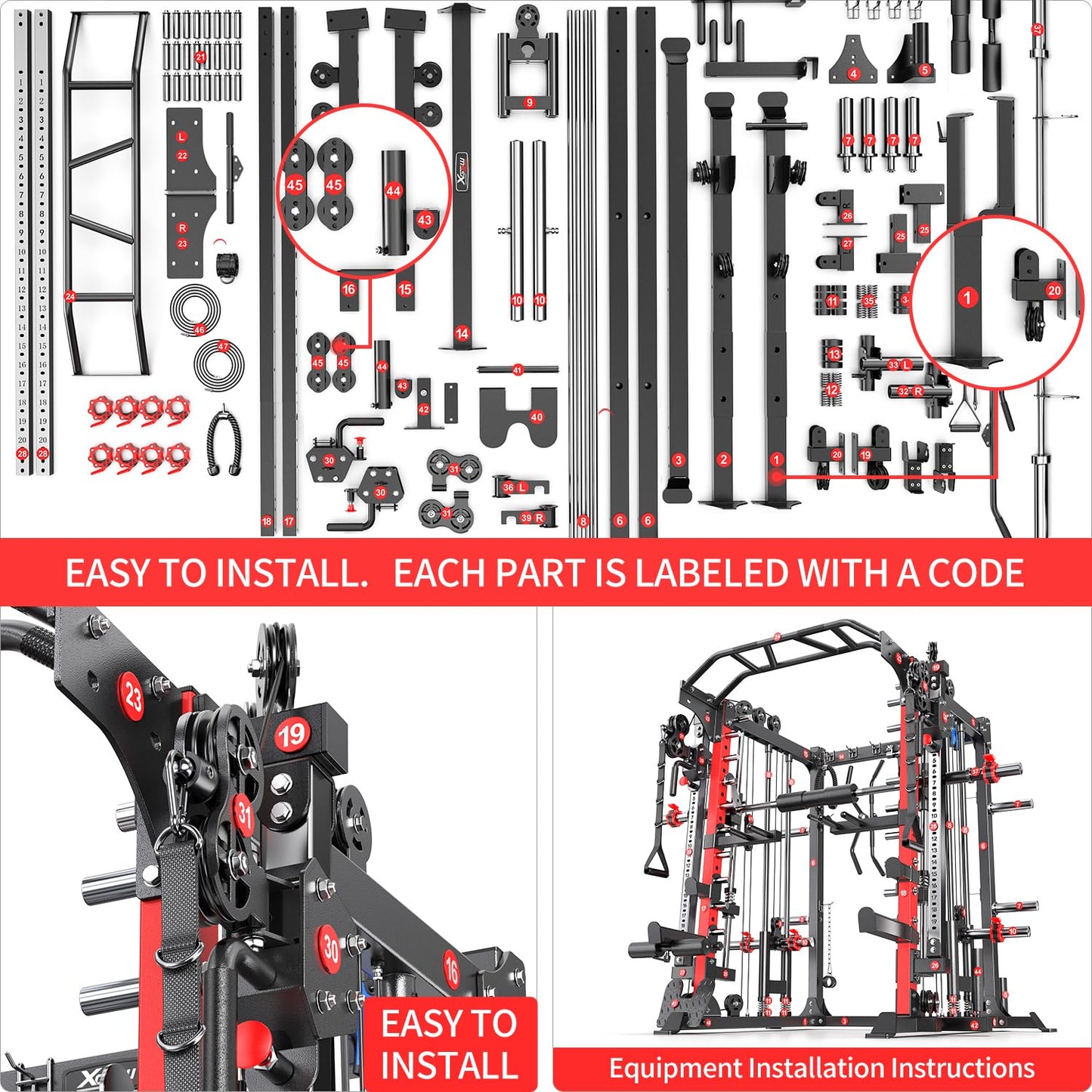 XGSW Smith Machine with Cable Crossover System, Multi-Function Squat Rack Power Cage for Home Gym, Power Rack and Packages Weight Sets (L05, Power cage Red+Bench+Cast lron 220LBS)