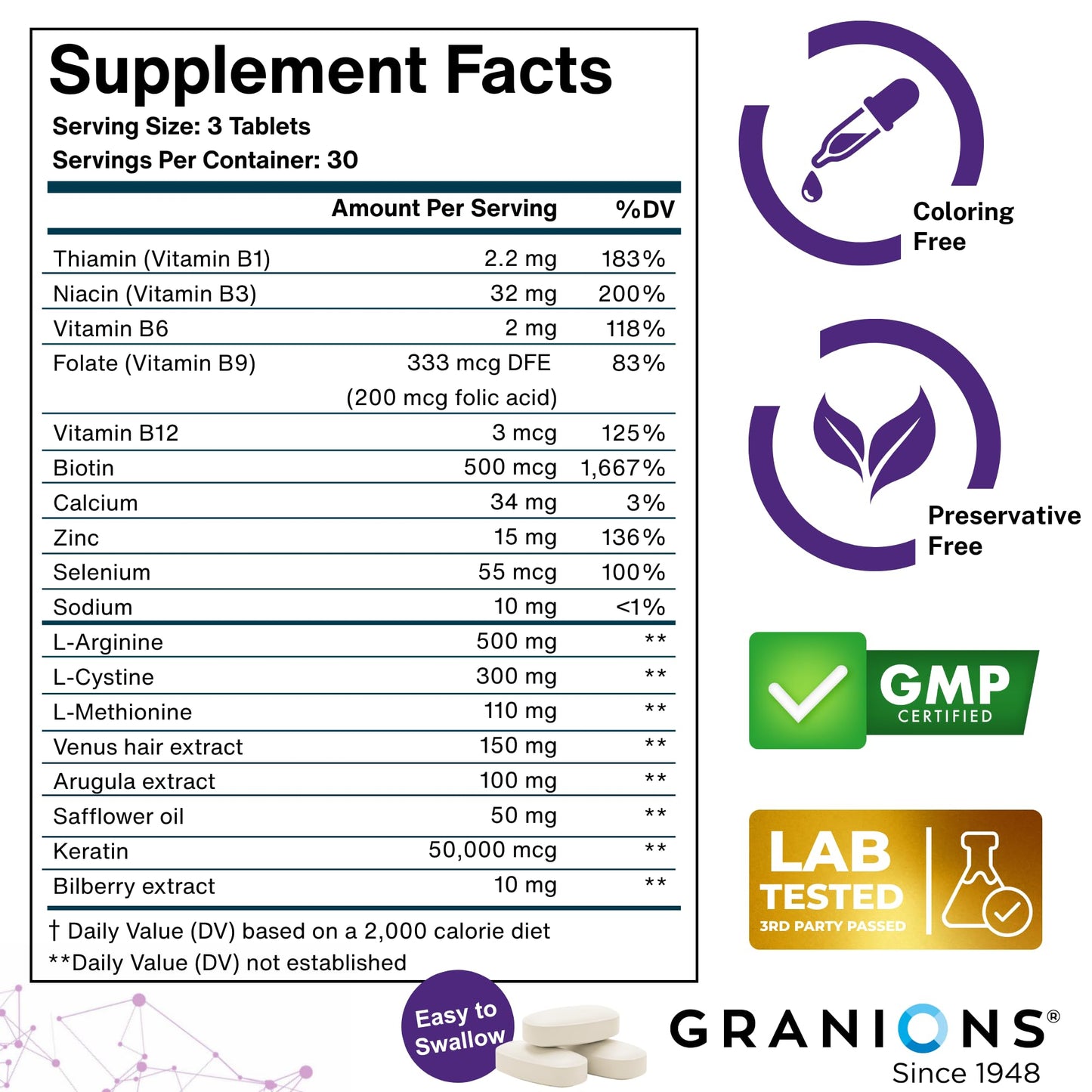 Granions Hair Growth Supplements - Biotin, Keratin & Amino Acids, Zinc & Selenium Pills for Women and Men - B-Vitamins Complex Hair Vitamins for Strength, Shine & Less Shedding - 90 Tablets