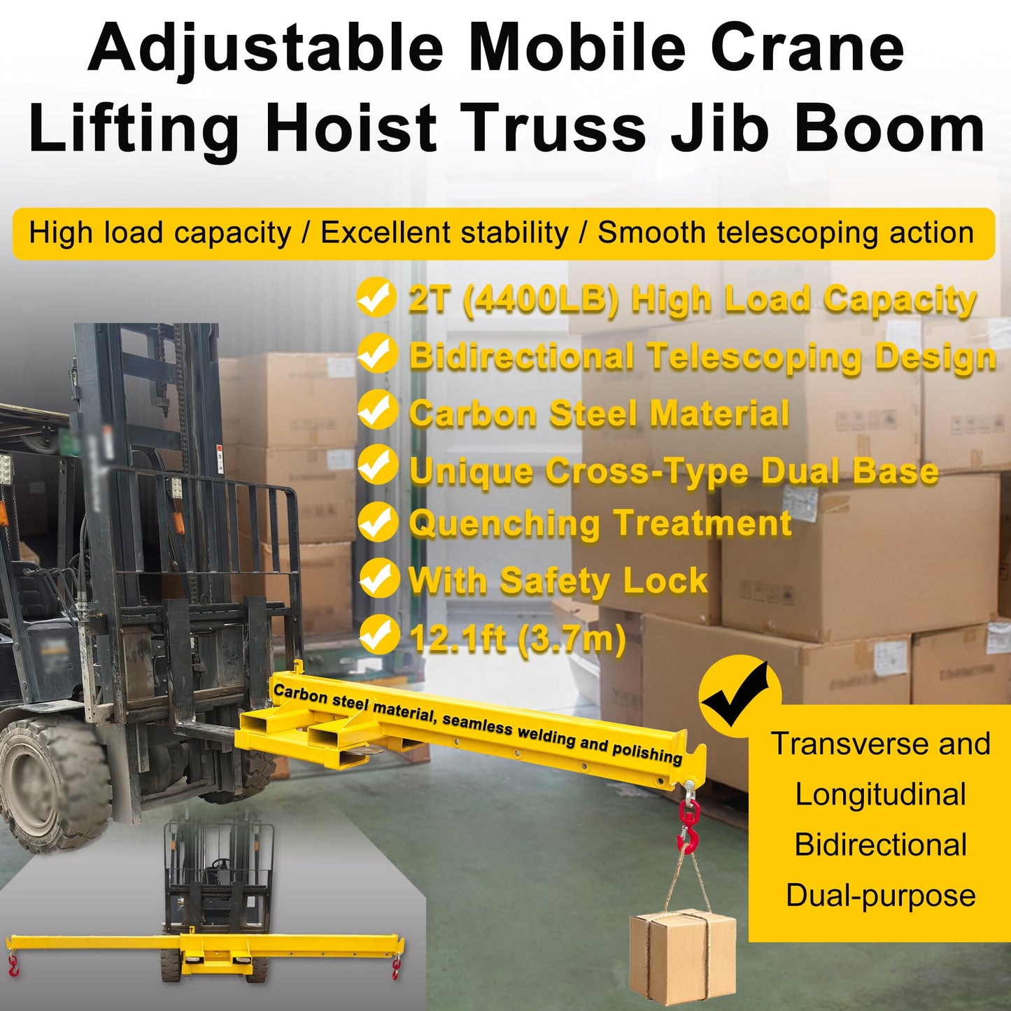 HayWHNKN 2T Forklift Jib Boom Hoist 12.1FT Bidirectional Telescopic Mobile Crane Attachment with 2 Bases, 2 Hooks, 6.3x2.56'' Socket, Lifting Towing Handling for Warehouse & Construction Material