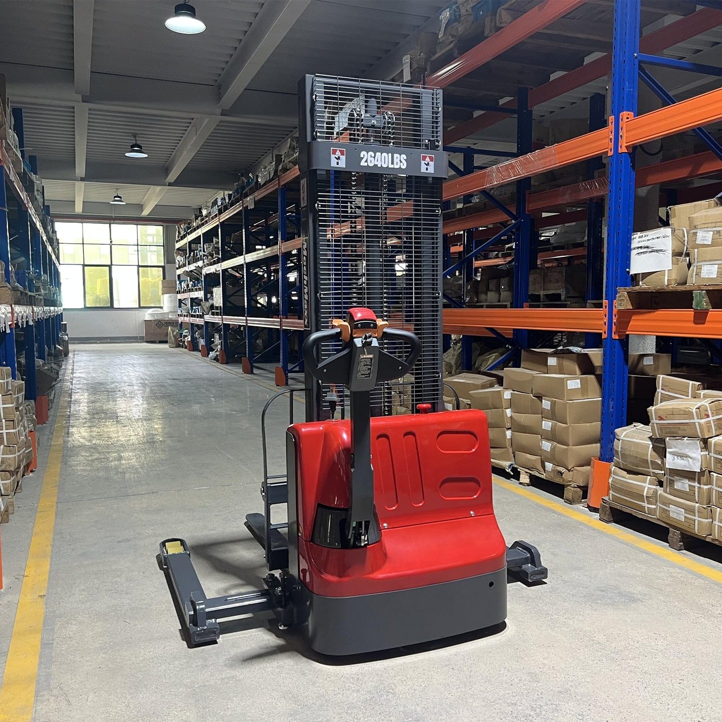 MechMaxx 2640lbs Lithium-ion Electric Straddle Stacker, 118" Lift, Adjustable Legs & Forks, Model F26-118S