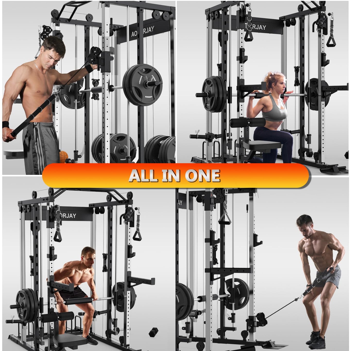 AOTORJAY Smith Machine with 230lbs Weight Plates - All-in-One Home Gym Power Cage with Cable Crossover, LAT Pull-Down, Squat Rack, Leg Press & Training Attachments for Full Body Strength Training