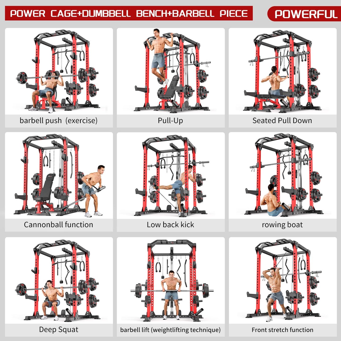XGSW XINGESIWR Multi-Purpose Squat Rack,Smith Machine Weight Rack Set with Cable Crossover System, Home Gym Power Racks, Power Racks and Packages (L01, Power cage Black+Bench+Cast lron 220LBS)
