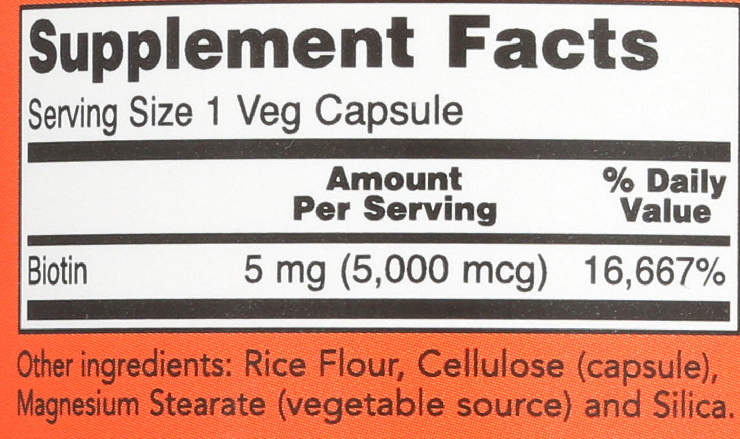 NOW Biotin 5,000 mcg - 120 VCaps (Pack of 2 Bottles)