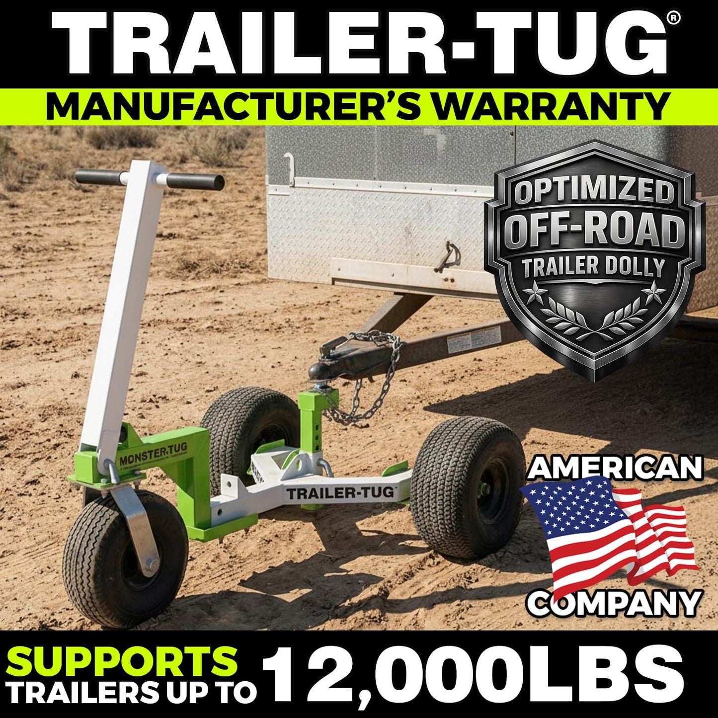 Monster Tug Off-Road Trailer Dolly – Heavy Duty Trailer Mover for Gravel, Dirt, Sand & Hard Surfaces – Adjustable Ball Mount – Manual Tow Dolly for Boat, Utility & RV Trailers