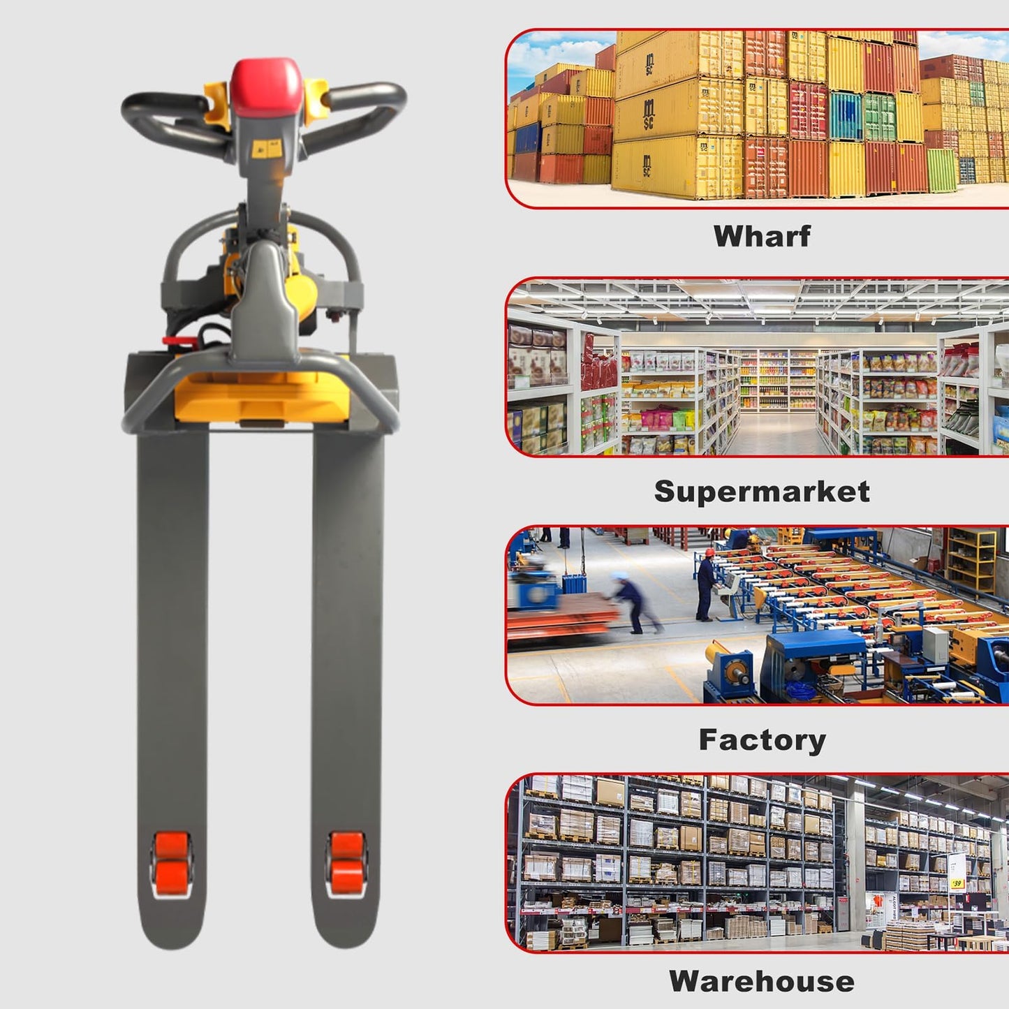 Tory Carrier Full Electric Pallet Jack, 3300lbs Capacity, 48 × 27 Forks, 48V/20Ah Li-ion Battery and Maintainance Free Motor, Controlled Descent Pallet Truck for Warehouse, Retail & Delivery, Yellow