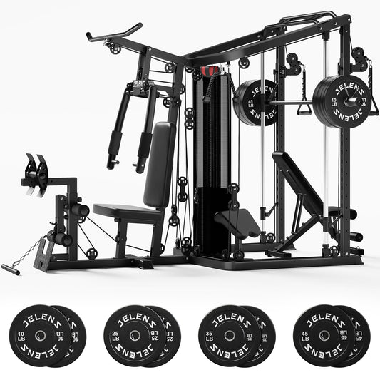 JELENS Home Gym System, 150LB Weight Stack Smith Machine with LAT Pull-Down & Leg Press, All-in-One Strength Training Equipment, Workout Station for Workout (Black, 230LBS Black Weights Package)