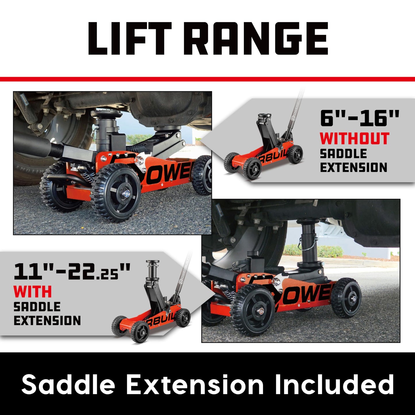 Powerbuilt 1.5 Ton Big Wheel Off Road Jack, Vehicle Lift for Trucks, SUVs, ATVs Offroad Vehicles, Oversized Wheels for Rugged Terrain, 3000 LB Capacity, Orange 620704ECE