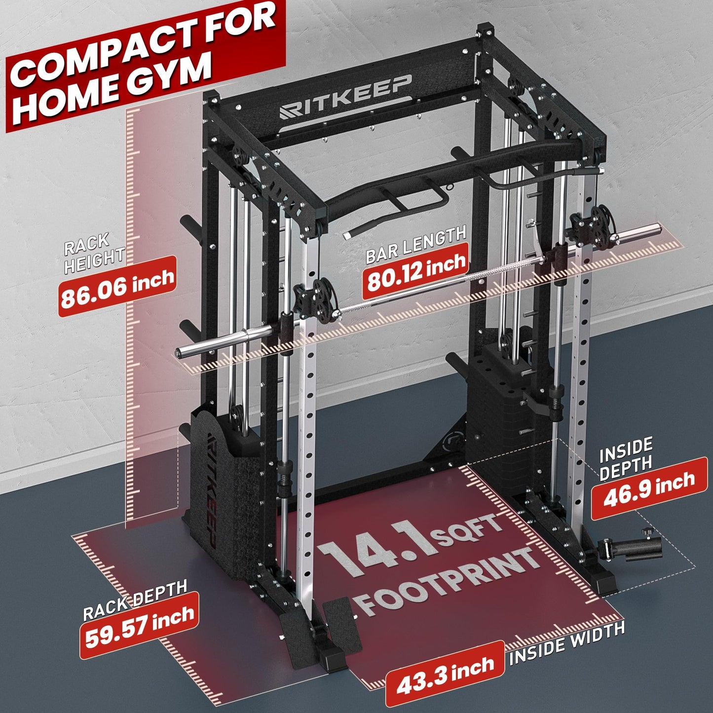 Home Gym Smith Machine with 320lb Weight Stacks – 6-in-1 Power Rack, Crossover, Pull-Up & Dip Station, Full Body Strength Training – RitKeep PMAX-5600 Pro (Black (Pro) with Red Bench(320LB))