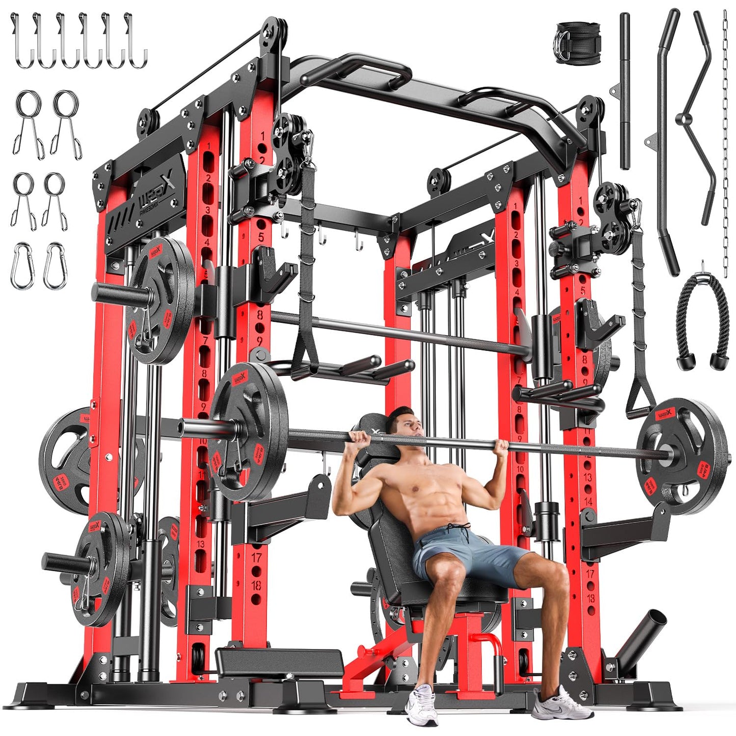 Smith Machine with Cable Crossover System, Multi-Function Power Cage Squat Rack for Home Gym, Power Rack and Packages Weight Sets. (Red, L04-Smith Machine+Bench+(Pole+Cast lron) 336LBS)