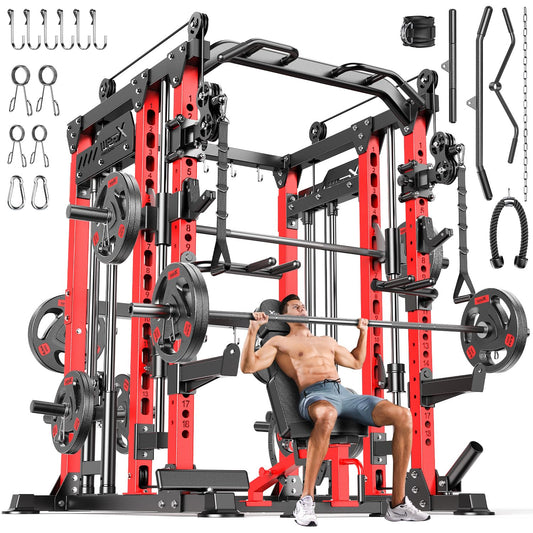 Smith Machine with Cable Crossover System, Multi-Function Power Cage Squat Rack for Home Gym, Power Rack and Packages Weight Sets. (Red, L04-Smith Machine+Bench+(Pole+Cast lron) 336LBS)