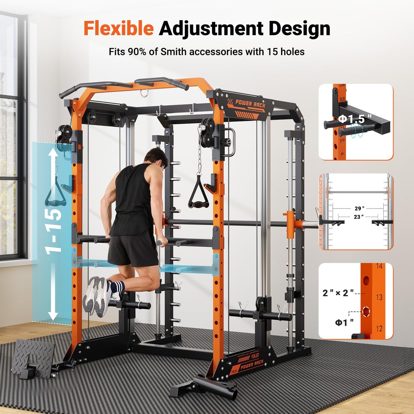 YOLEO Smith Machine with Independent Dual-Pulley System, 1700LBS Adjustable Cable Crossover Squat Rack, Multi-Functional Power Cage for Home Gym with More Workout Equipment LAT Pulldown Bar & Dip Bar