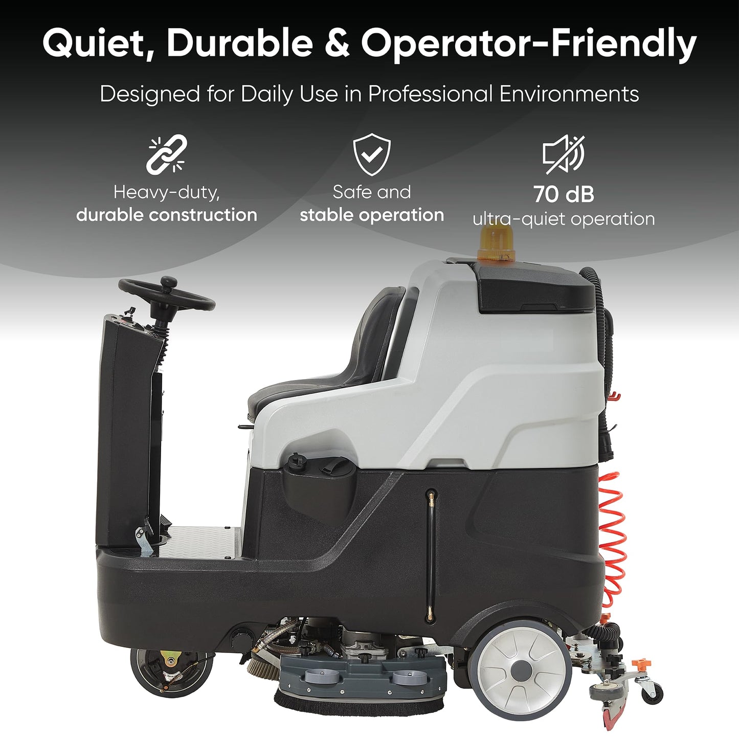 Battery Powered Ride-On Commercial Floor Scrubber Machine, 38" Brush, 48" Squeegee Width, 46 gal Solution Tank, 48 gal Recovery Tank, 5 hr Use 8 hr Charge, 180 RPM, 84,000 Sqft/H, Batteries Included