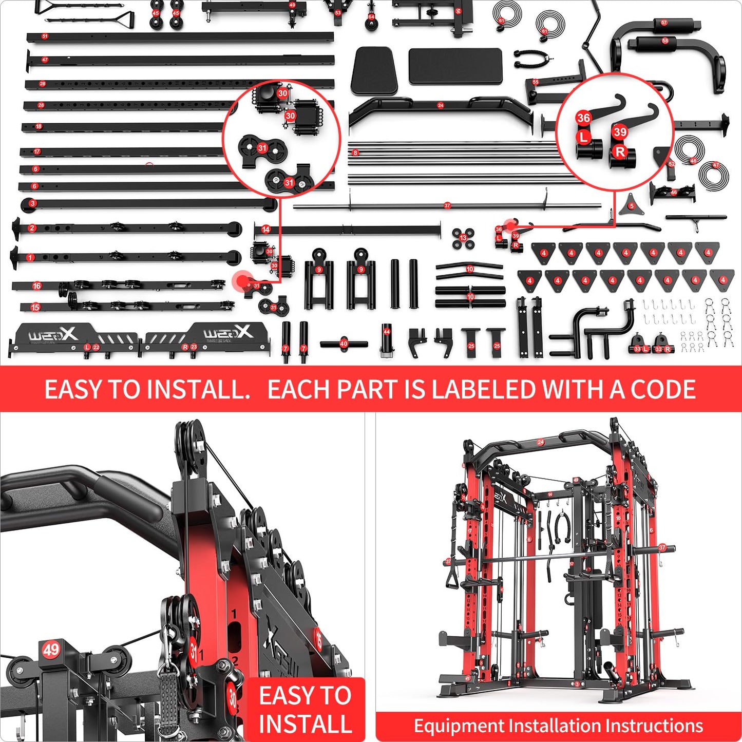 Multi-Purpose Squat Rack,Smith Machine Weight Rack Set with Cable Crossover System, Home Gym Power Racks, Power Racks and Packages (L06 two users, Power cage Red+bench+Cast lron 220LBS)