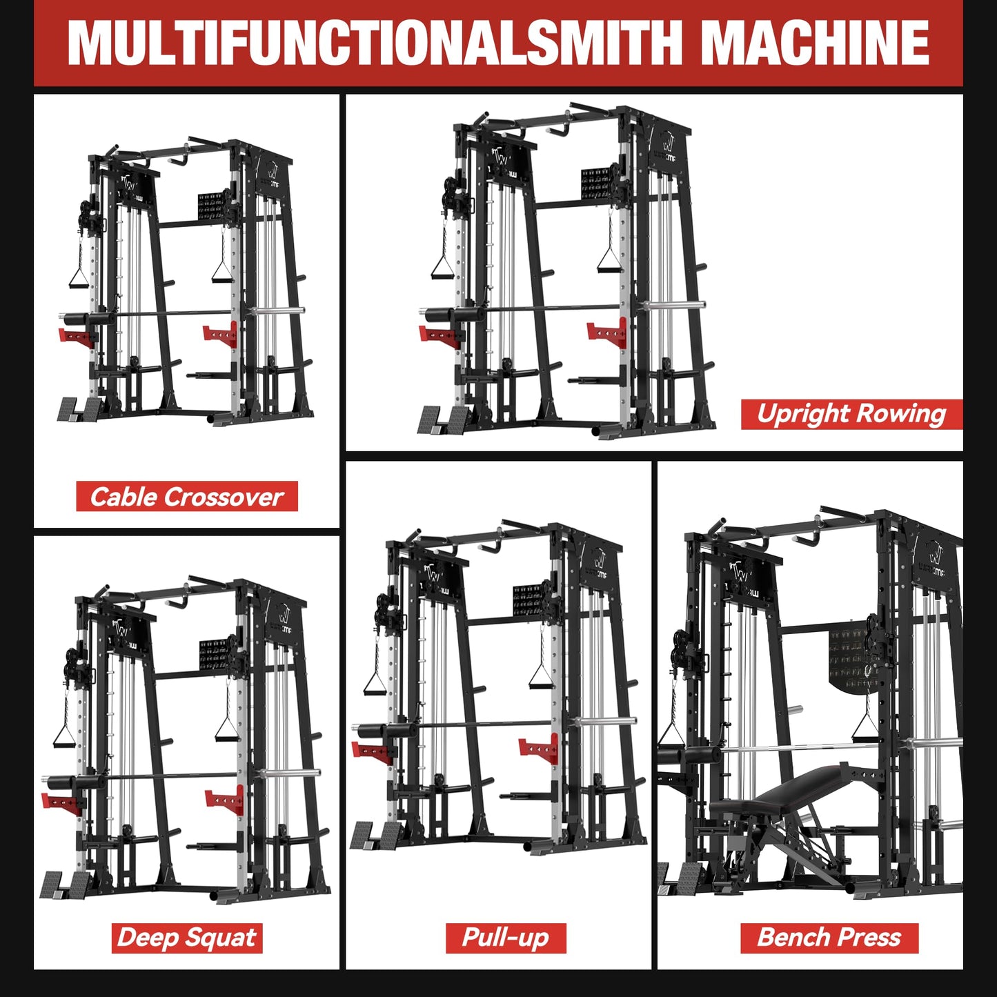 Waxman Smith Machine, 2200lbs Squat Rack with LAT-Pull Down System & Cable Crossover Machine, Training Equipment with Leg Hold-Down Attachment