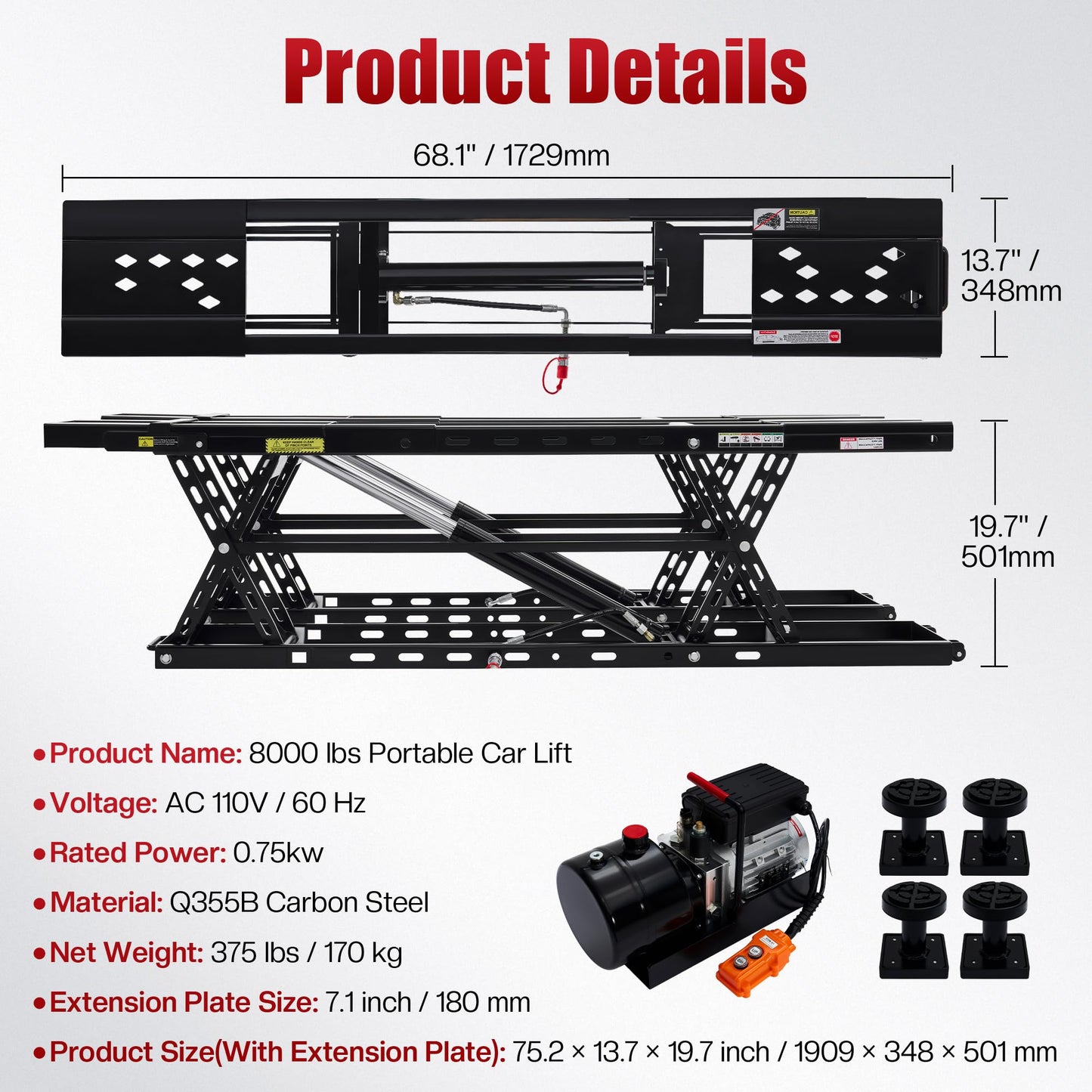 SPECRAFT 8000 LBS Portable Car Lift, Heavy-Duty Hydraulic Quick Jack with 27.4" Max Height, Multi-Safety Lock Bars & Wheels, Adjustable Scissor Lift for Cars, SUVs, Light Trucks, Garage Use, Black