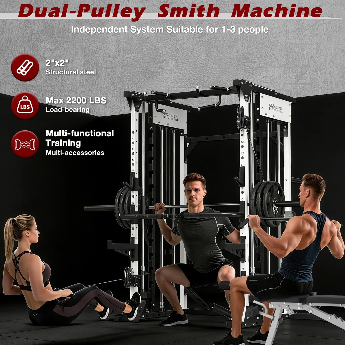 ONNO Smith Machine,2200lbs Squat Rack with LAT-Pull Down & Cable Crossover System,Multi-Function Power Cage for Home Gym with Leg Hold-Down Attachment(White)