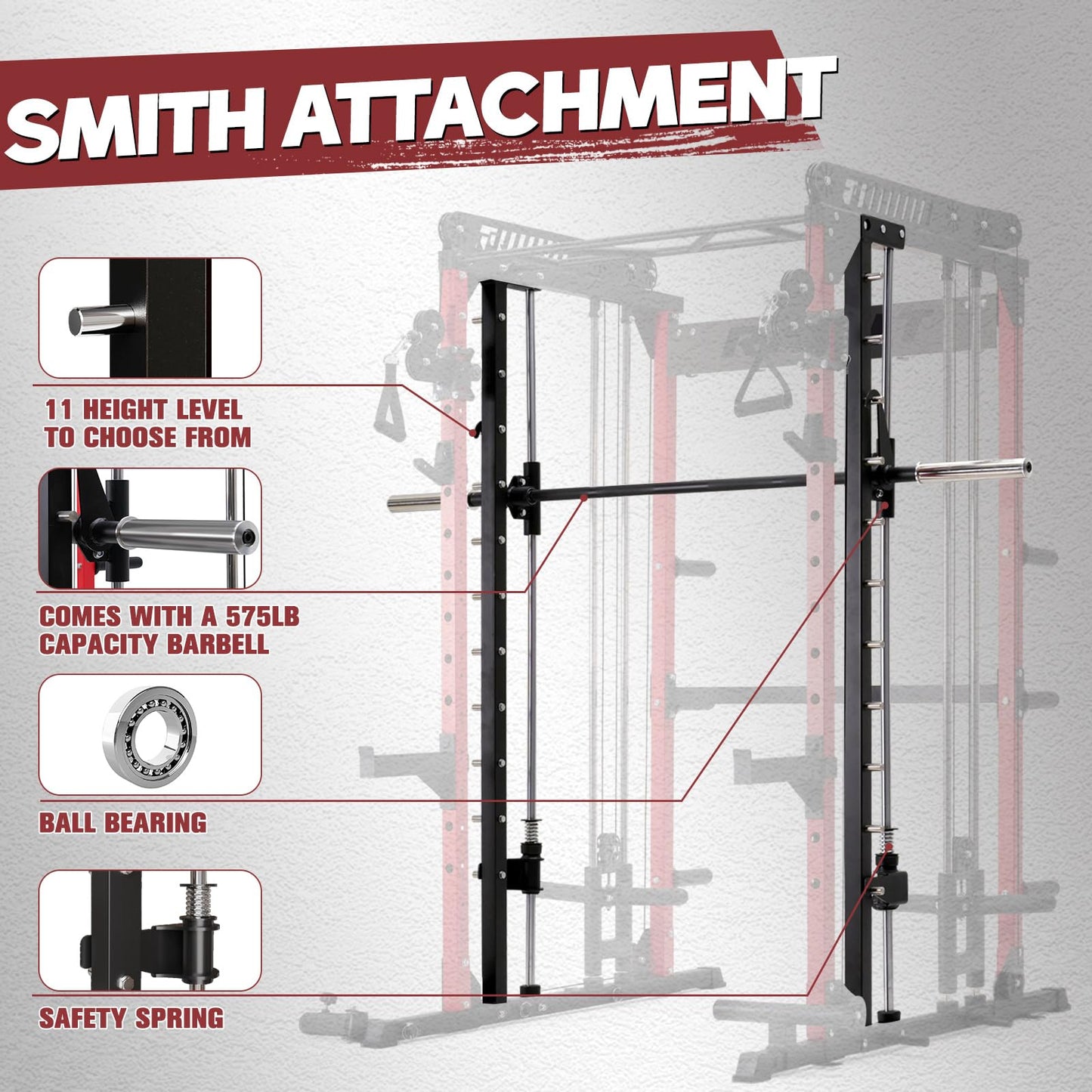 RitFit M1 Smith Machine with Cable Crossover System, Multi-Function Squat Rack Power Cage for Home Gym, Power Rack and Packages (M1 Package (with Color BP 260 LBS), Red)
