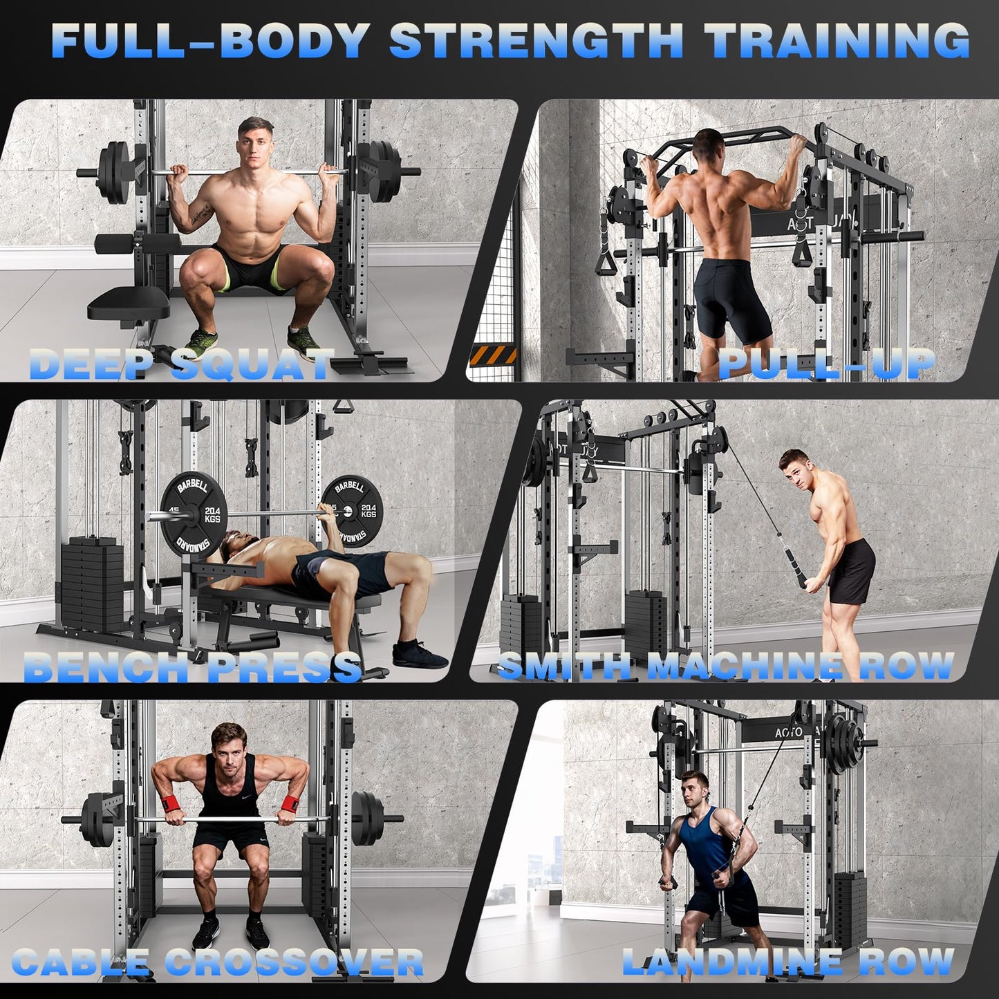 AOTORJAY Smith Machine Strength Training Squat Rack with Smith Bar, Power Cage with LAT Pull-Down Systems, Cable Crossover Machine for Home Gym (Smith Machine with 352lbs Weight Stack)