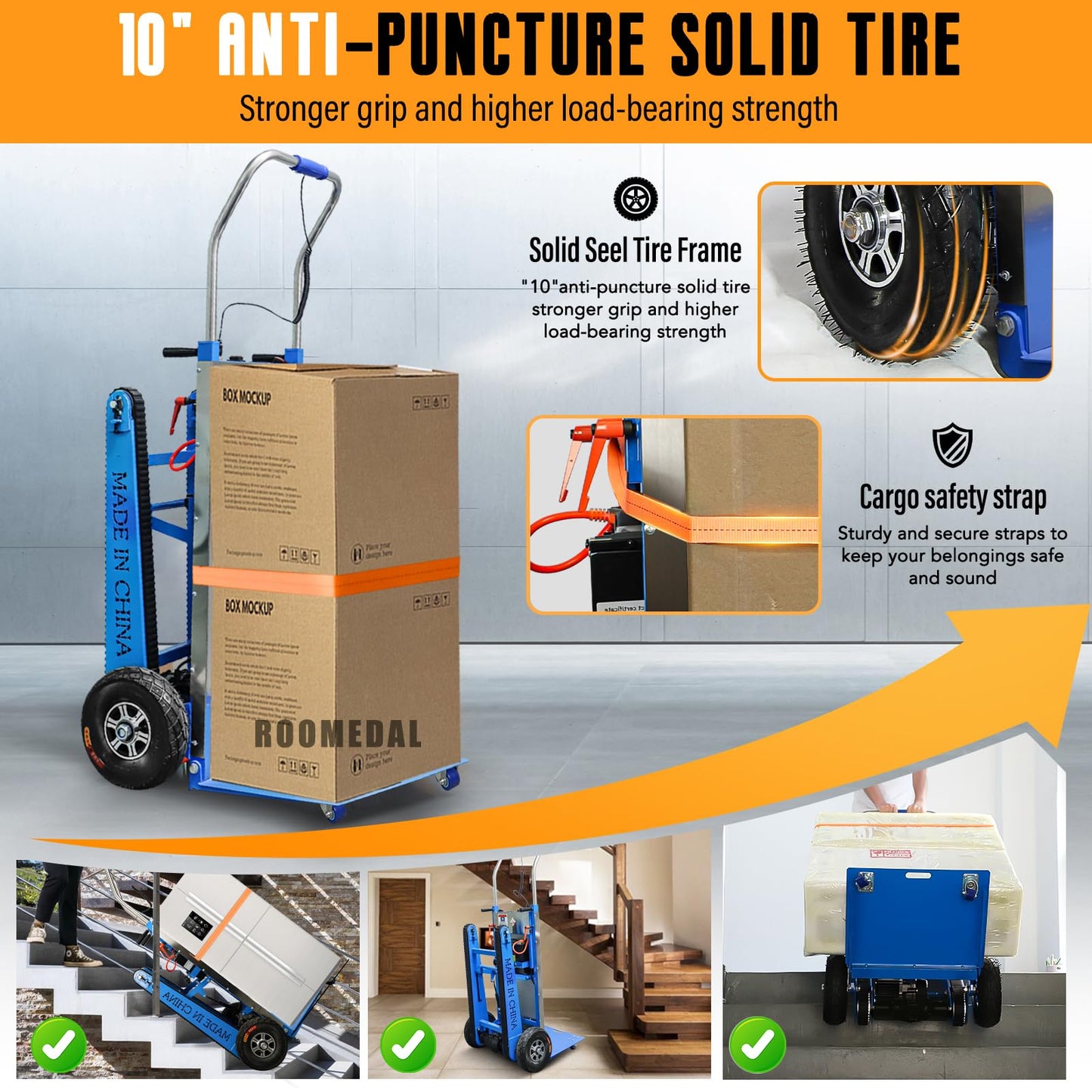 ROOMEDAL Electric Stair Climbing Hand Trucks Dolly Cart for Moving 661lb Capacity Heavy Duty Folding Stair Climber Cart Hand Trolley, for Furniture Family Logistics Warehouse (Pure Blue)