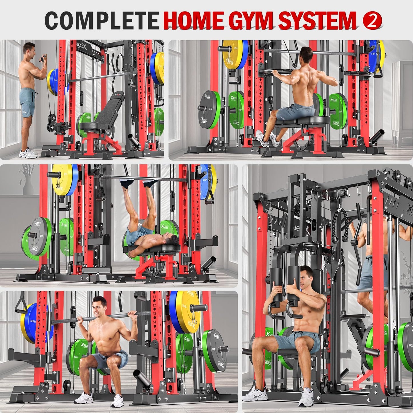Smith Machine with Cable Crossover System, Multi-Function Power Cage Squat Rack for Home Gym, Power Rack and Packages Weight Sets. (Black, L06-Smith Machine+Weight Bench)