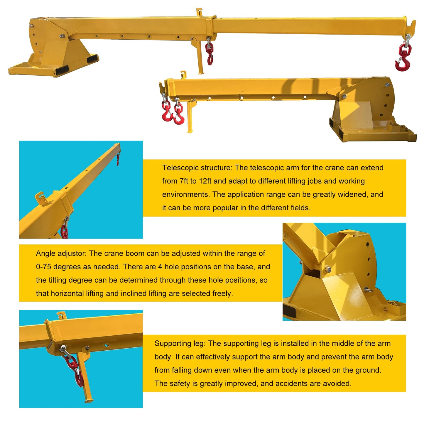 HayWHNKN 2T Forklift Telescopic Jib Boom Forklift Mobile Crane with 0-75° Adjustable Tilt Angle, 7-12ft Extension, 2 Hooks, Heavy-Duty Lifting Hoist Towing Handling for Warehouse Construction Factory