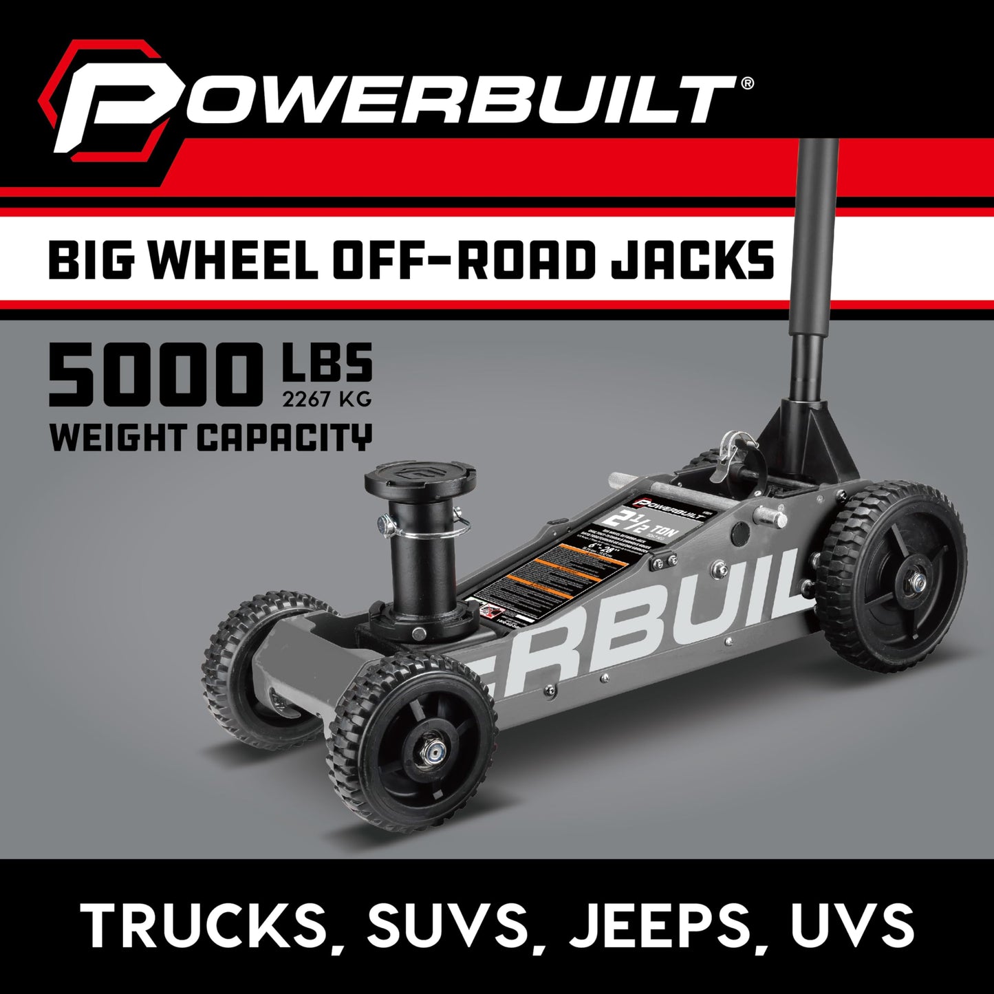 Powerbuilt 2.5 Ton Big Wheel Off Road Jack, Vehicle Lift for Trucks, SUVs, ATVs Offroad Vehicles, Oversized Wheels for Rugged Terrain, 5000 LB Capacity, Grey 620623ECE
