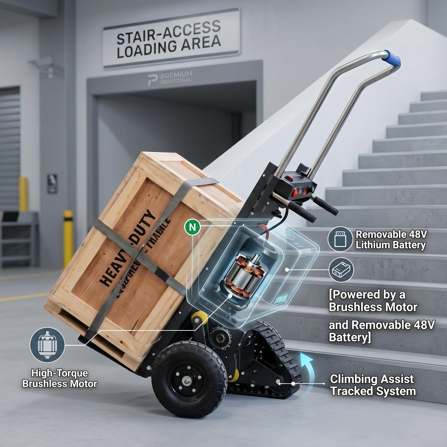 Large Load Capacity Electric Stair Climbing Cart, Electric Stair Climbing Machine for Construction, Large Load Capacity Electric Stair Climbing Cart with 48V Lithium Battery