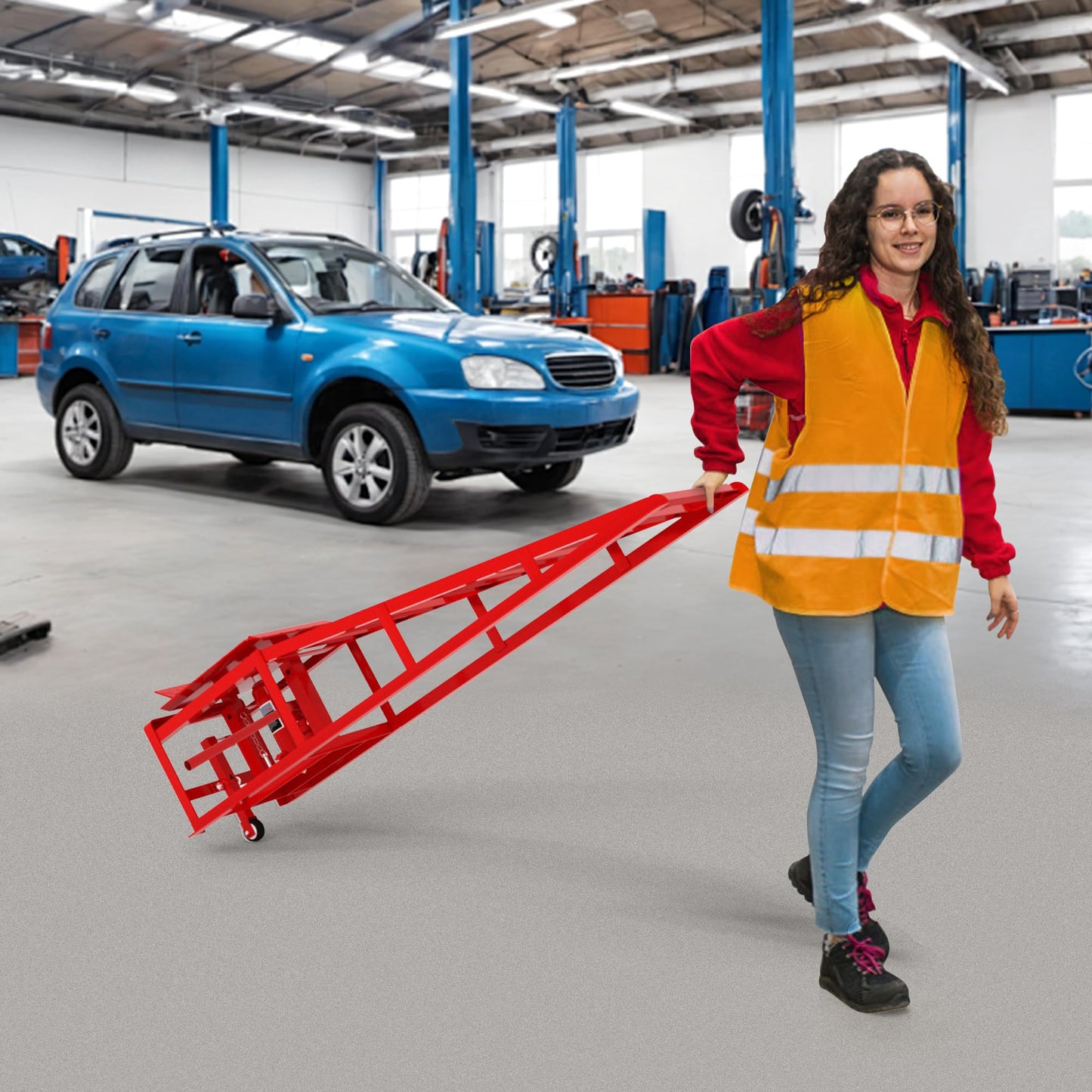 LOCKIETTA 2 PCS Hydraulic Car Ramps with Wheels, 11065LBS 5T Heavy Duty Car Ramp with Hydraulic Jack, Portable Car Lifts for Oil Changes for Home Garage, 9"-14.2" Lifts, Red