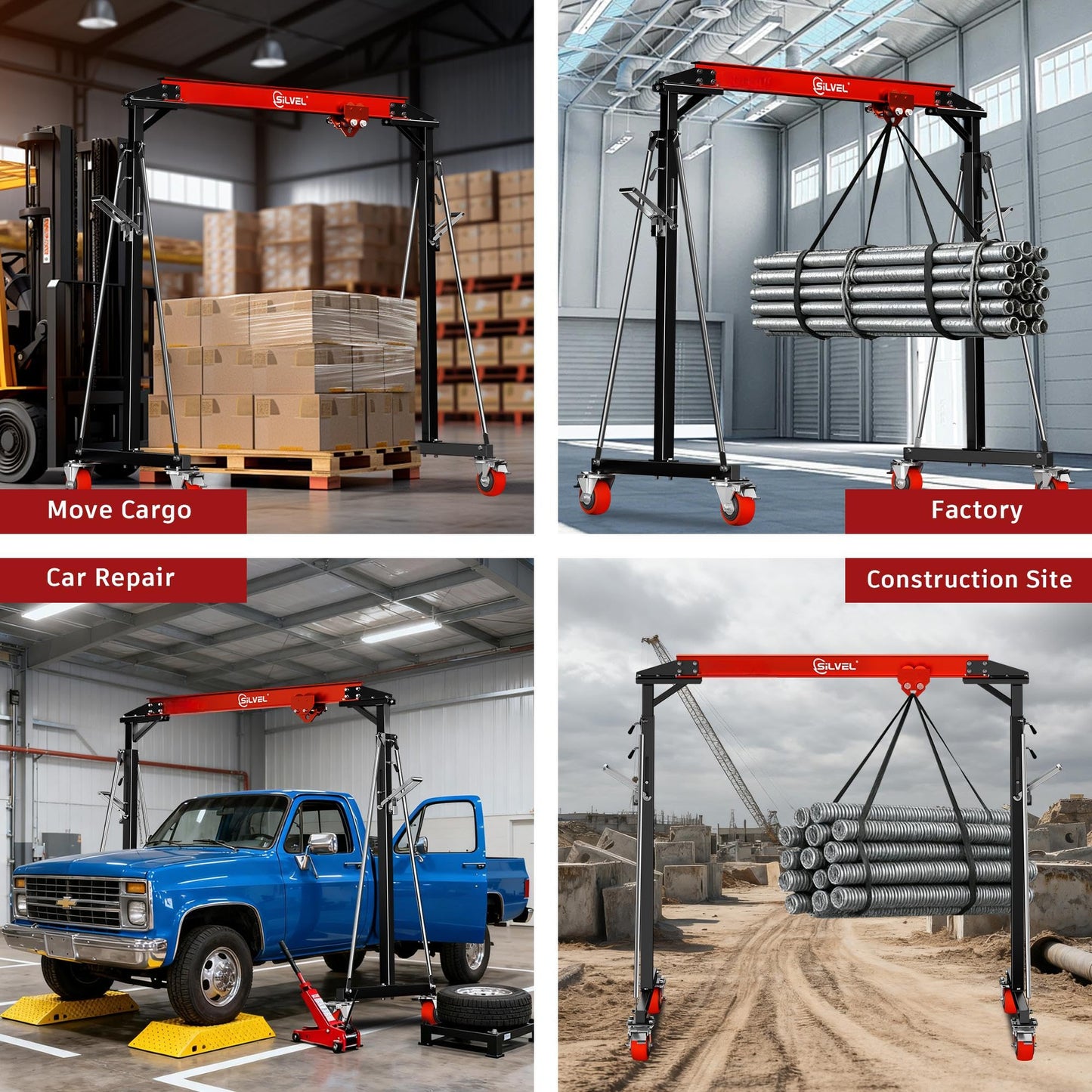 SILVEL Gantry Crane 1 Ton MAX3000LBS, Adjustable Height 8.53 to 12.47ft with Triangle Base, Portable I-Beam Hoist for Factory, Warehouse, Auto Repair & Construction, Red