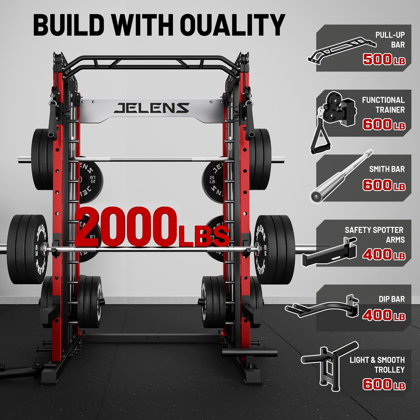 JELENS Smith Machine for Home Gym, Multi-Function M12 Power Cage, Squat Rack with Smith Bar and More Attachment (Red, 260LB Black Weights Package)