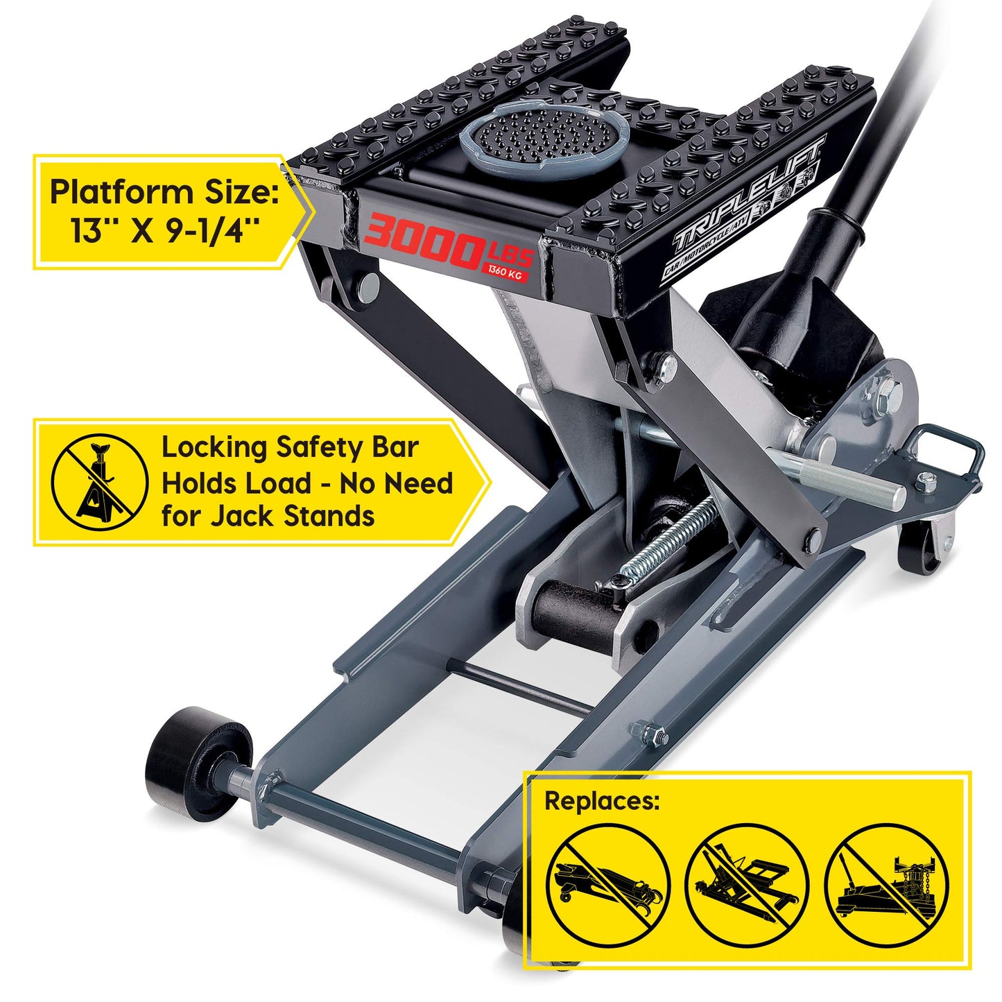 Powerbuilt 3000 Pound Triple Lift Garage Jack, Heavy Duty Vehicle, Truck, Car, Motorcycle, Transmission Lift, 1.5 Ton Capacity, 620622
