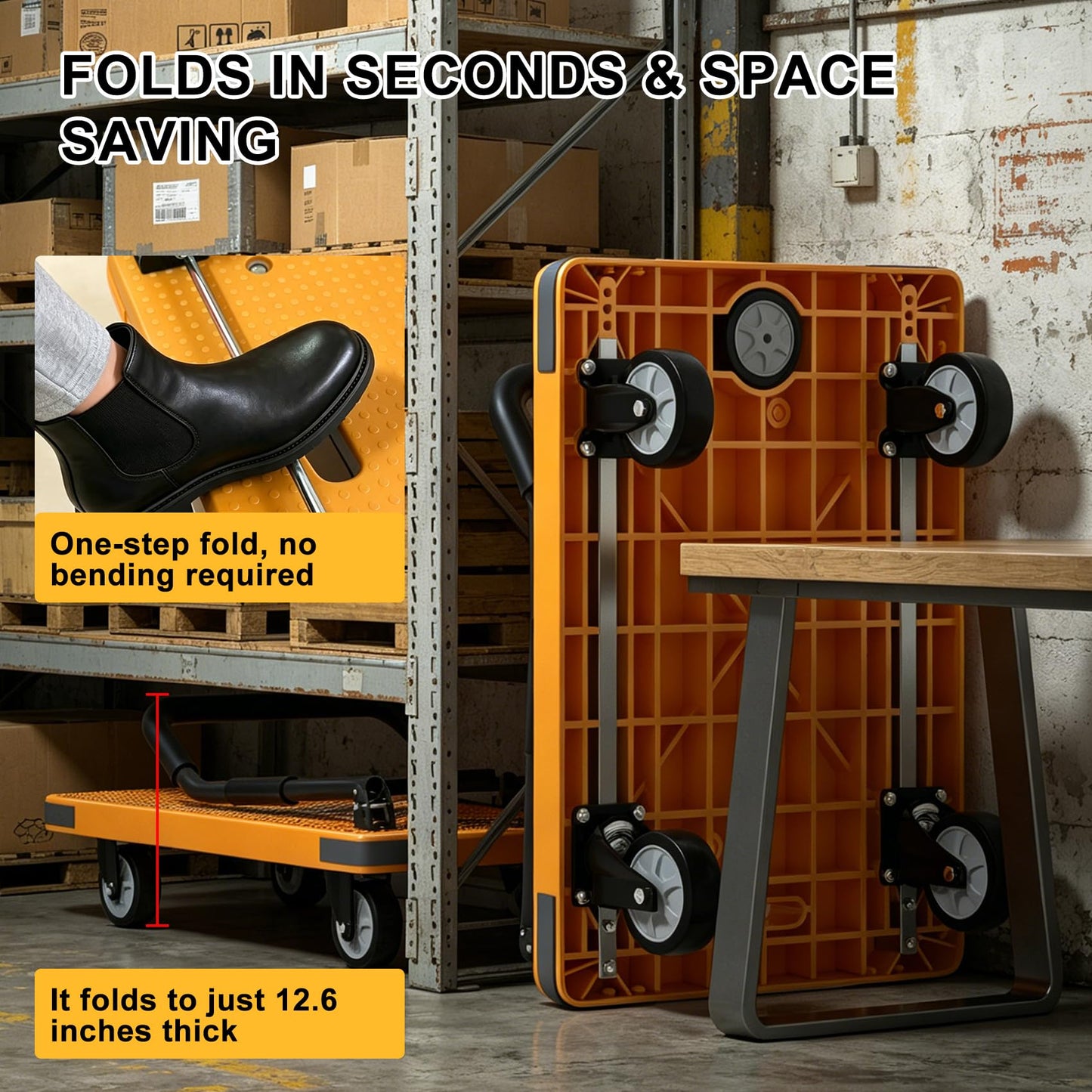 WUD Push Cart, Folding Mobile Platform Trolley,Thickened and Reinforced, 360° Swivel Wheels,28.3 “L x 18.9 ”W, 660 lb. Yellow Dolly cart with Wheels