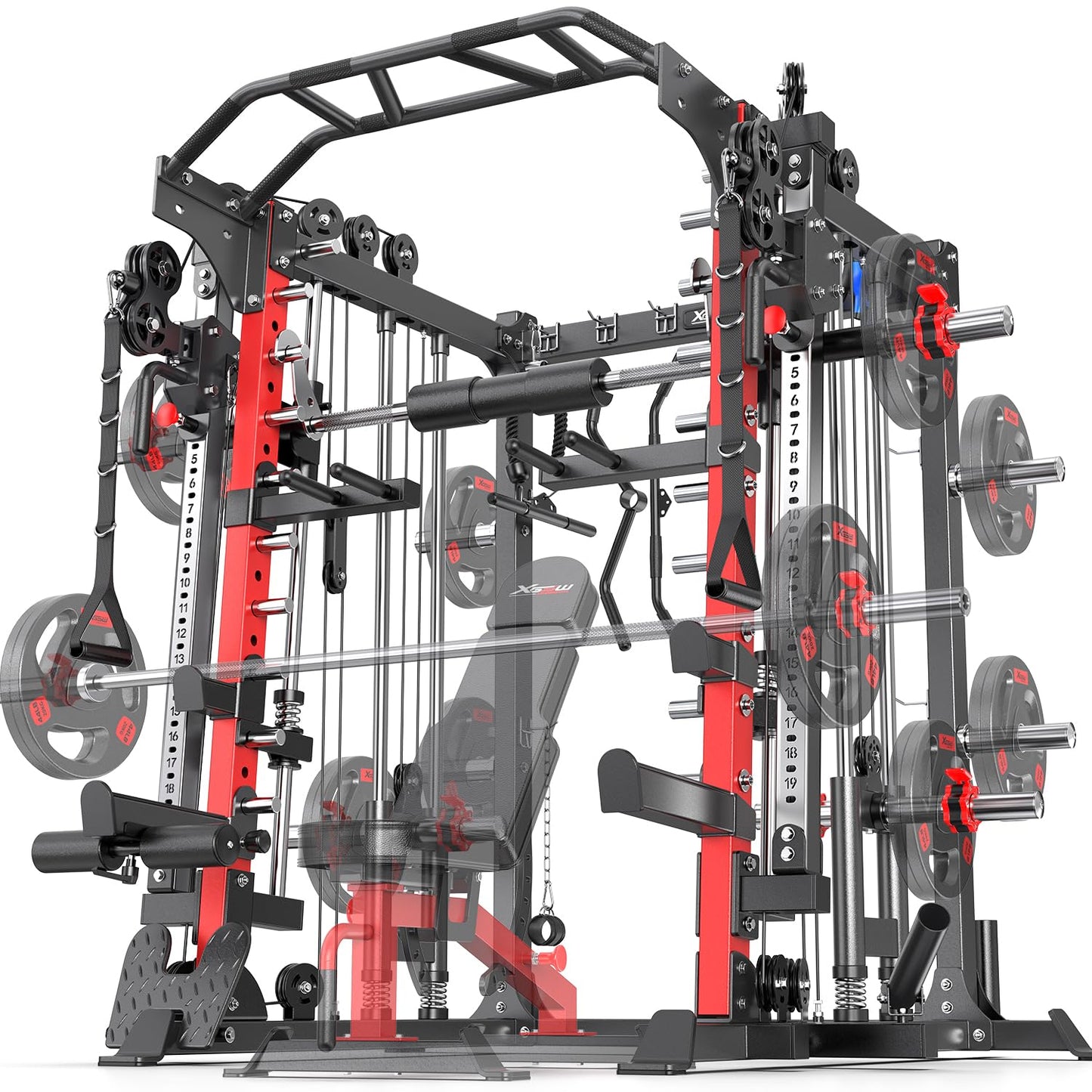 Smith Machine，Multi-Function Squat Rack Power Cage with Cable Crossover System,with Optional Weight Bench, Olympic Barbell Weight Set, for Home Gym (red, L05-Power Cage Only)