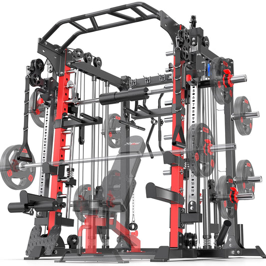 Smith Machine，Multi-Function Squat Rack Power Cage with Cable Crossover System,with Optional Weight Bench, Olympic Barbell Weight Set, for Home Gym (red, L05-Power Cage Only)