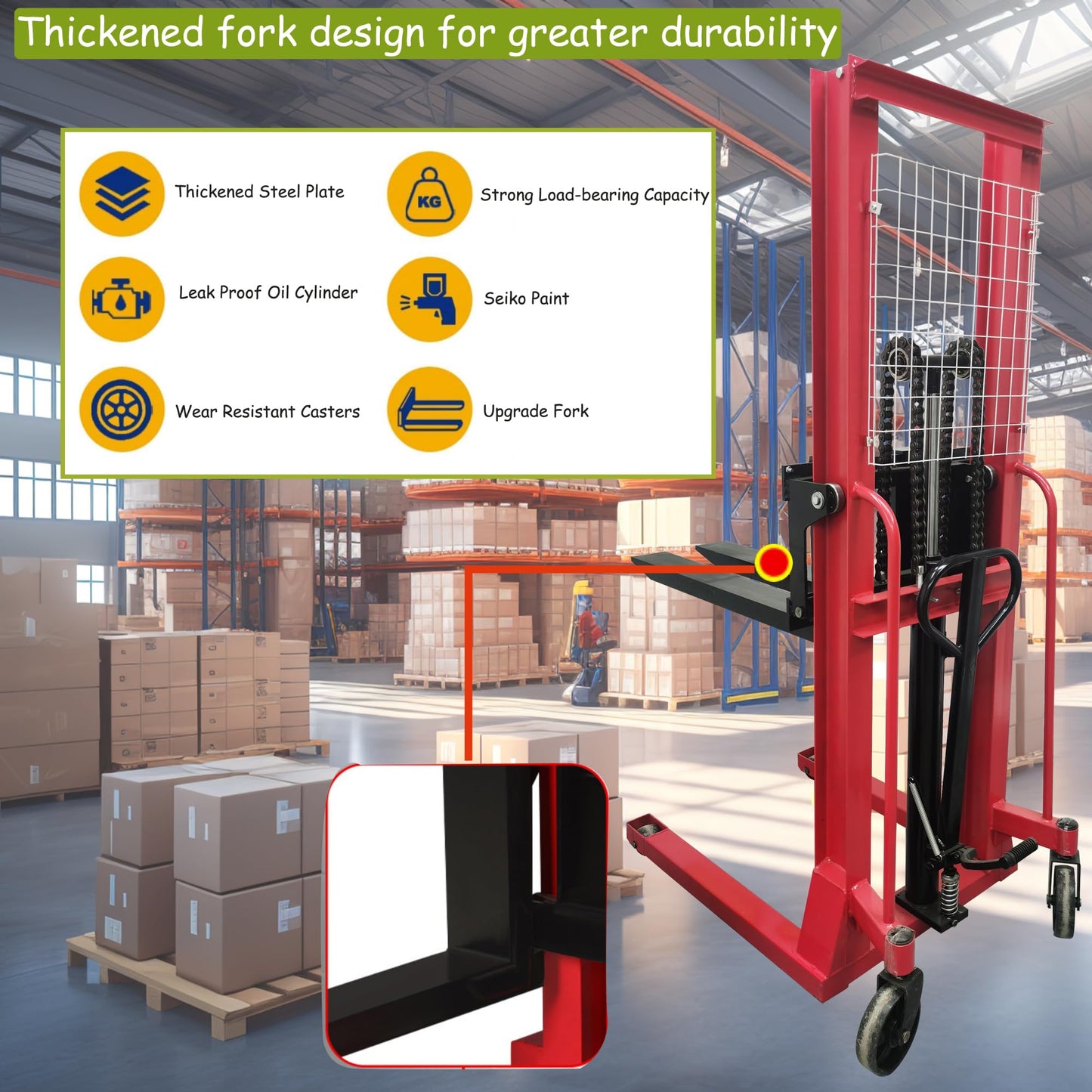 TECHTONGDA Manual Pallet Stacker, Hydraulic Hand Pallet Forklift, Material Lift Winch Stacker, 2200lbs Capacity, 63inch Lifting Height, Lift Truck Dolly for Warehouse & Factory