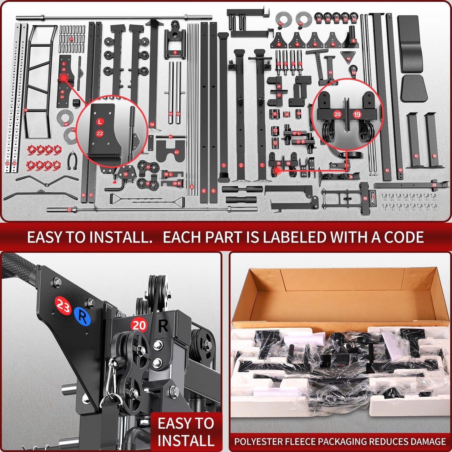 Smith Machine with Cable Crossover System, Multi-Function Squat Rack Power Cage for Home Gym, Power Rack and Packages Weight Sets (Red, L07-Smith Machine+Bench+(Pole+Color BP) 263LBS)