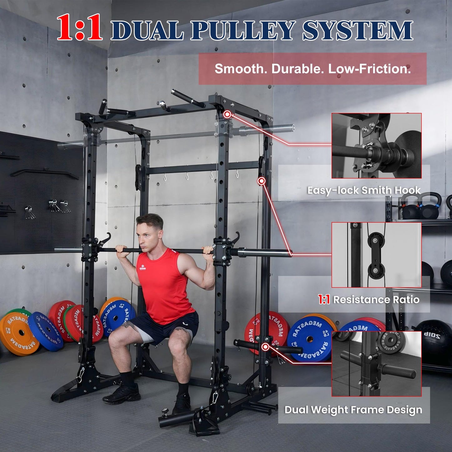 Smith Machine, 5 in 1 Heavy-Duty Squat Rack with Cable Crossover, All-in-One Home Gym Power Rack for Full-Body, Dual 1:1 Pulley System