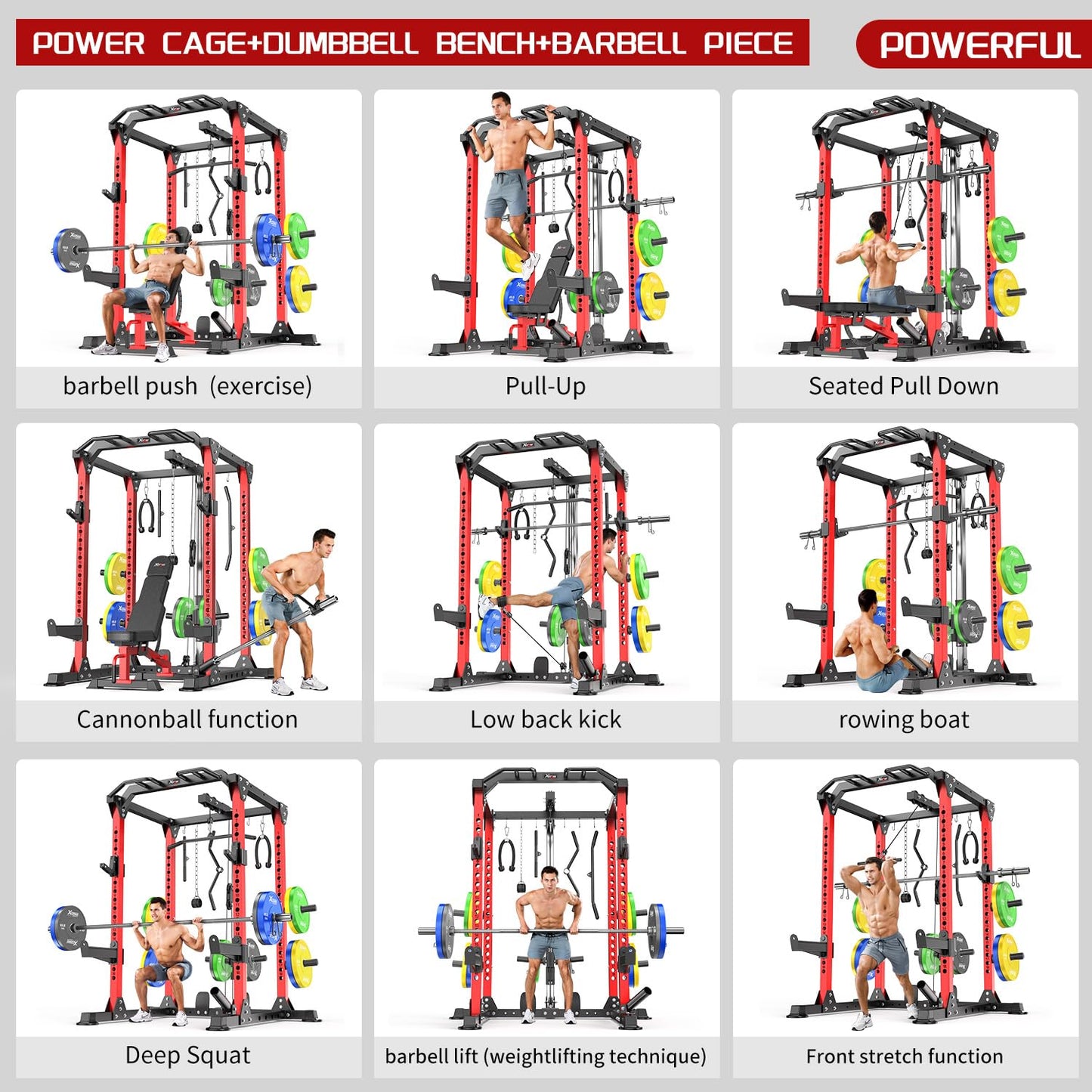 Power Rack Power Cage Multi-Function Squat Rack with Cable Crossover System Selectable More Training Attachment Power Rack for Garage & Home Gym (Red, D Set L01+Weight Bench+（Pole+Color BP） 258LBS)