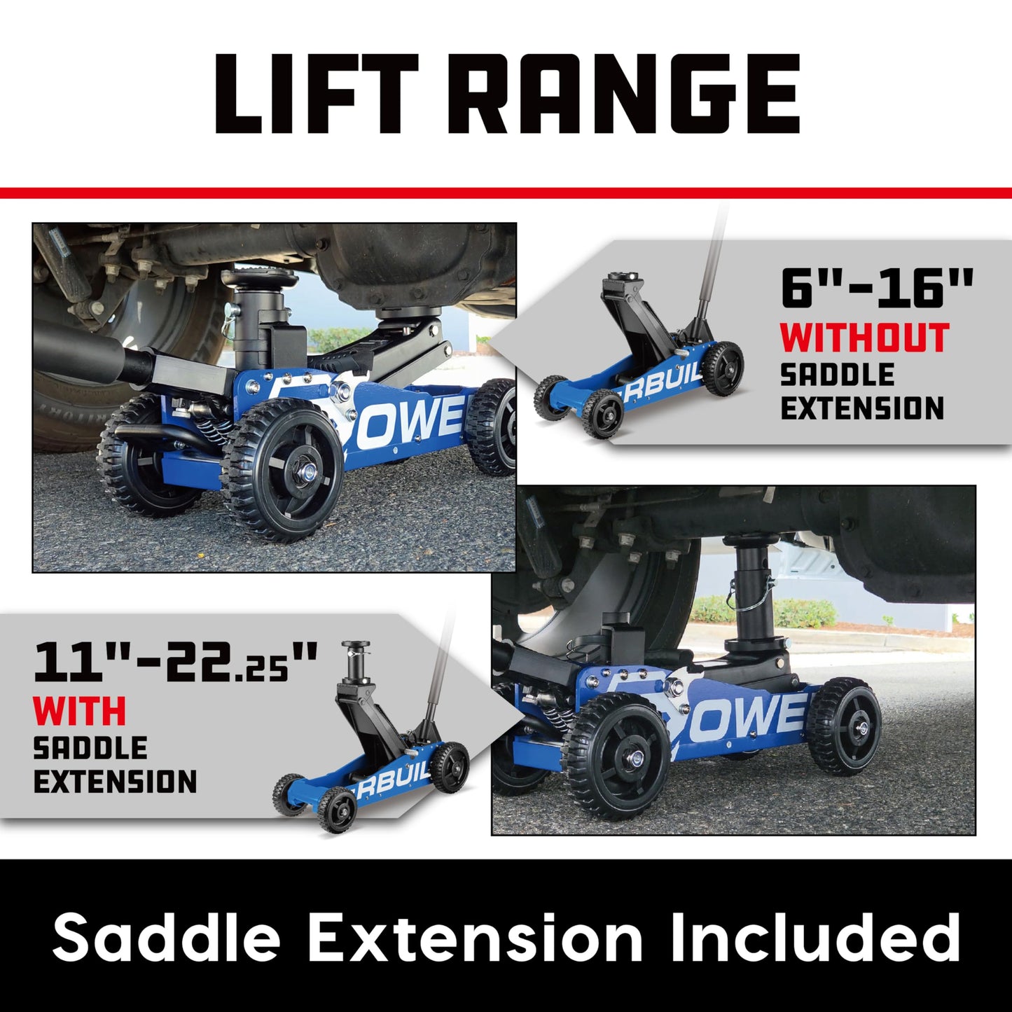 Powerbuilt 2.5 Ton Big Wheel Off Road Jack, Vehicle Lift for Trucks, SUVs, ATVs Offroad Vehicles, Oversized Wheels for Rugged Terrain, 5000 LB Capacity, Blue 620620ECE