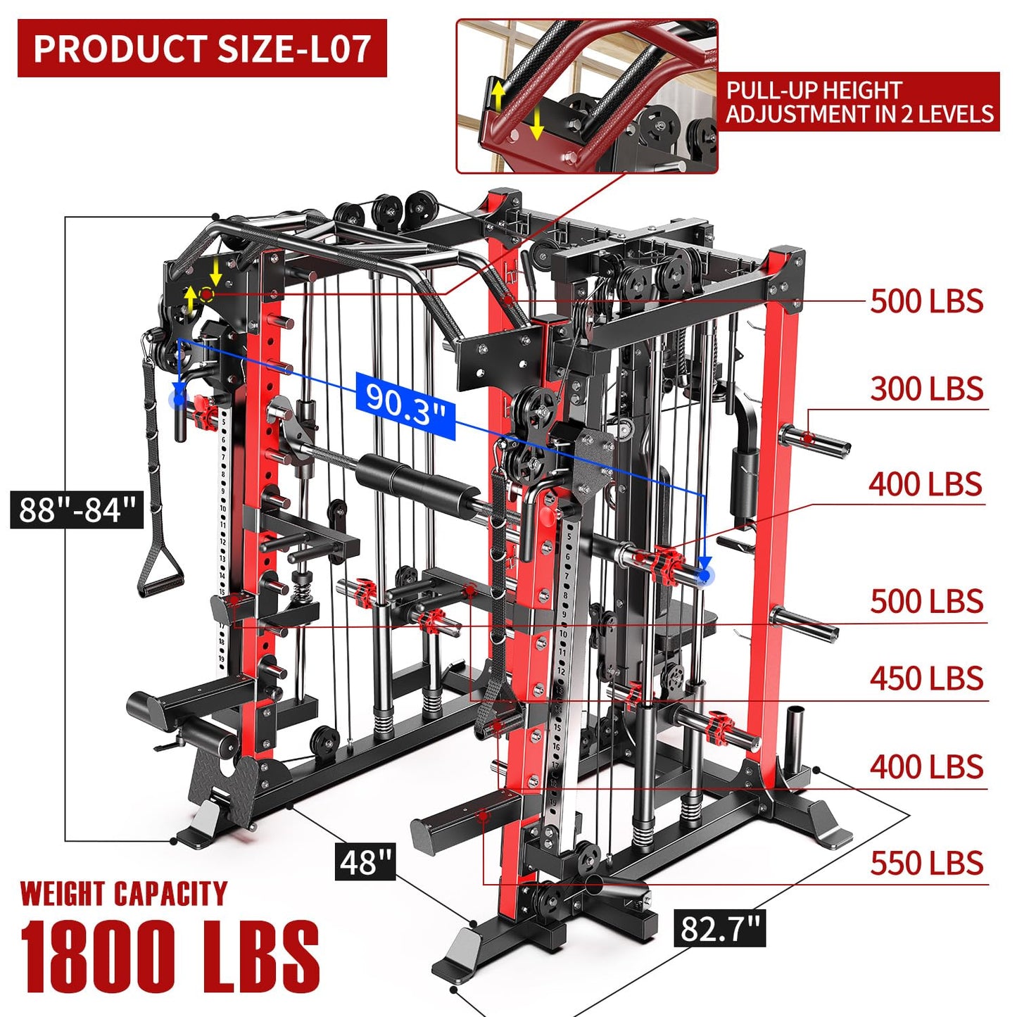 Multi-Purpose Squat Rack,Smith Machine Weight Rack Set with Cable Crossover System, Home Gym Power Racks, Power Racks and Packages (L07 two users, Power cage Red+bench+(pole+Color BP)400LBS)