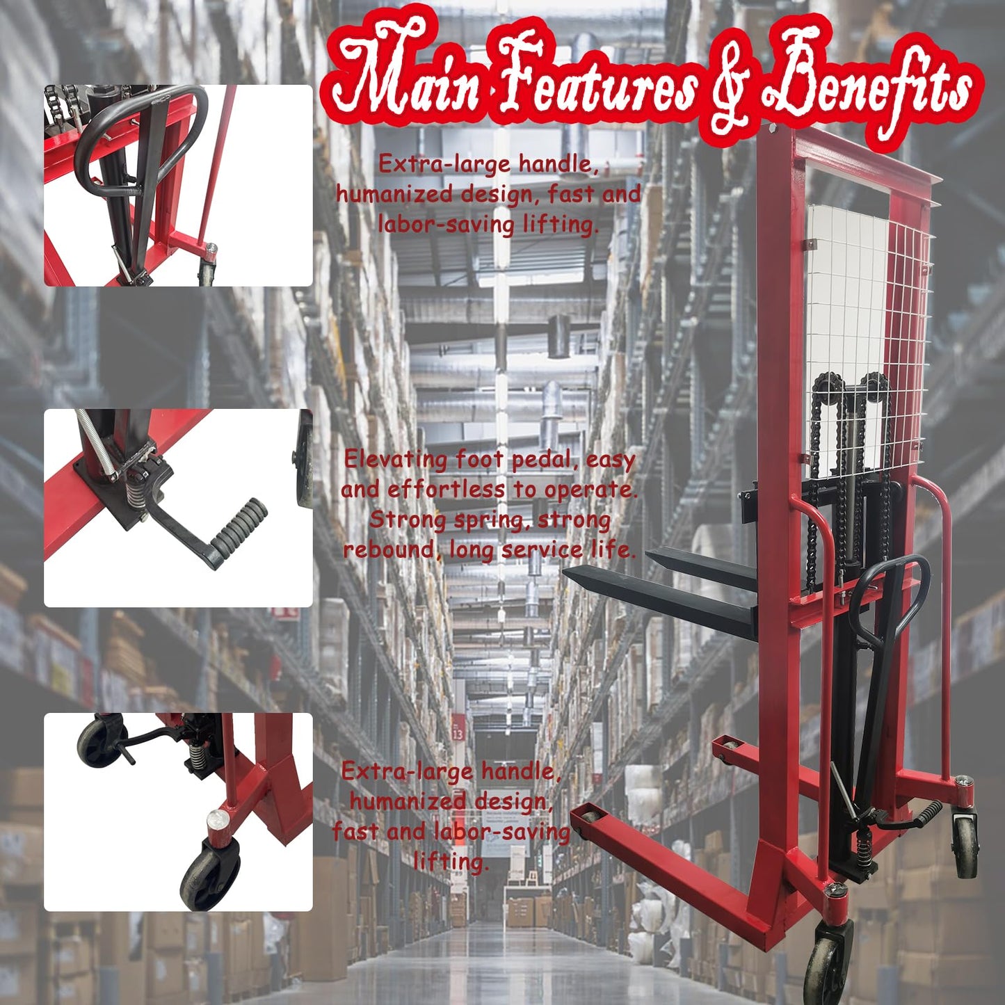 Banfluxion Manual Hydraulic Pallet Stacker Truck 2200 lbs Load Capacity 63" Lift Height Professional Mannual Forklift Forklift Pallet Truck Dolly for Open-Bottom Block Pallets