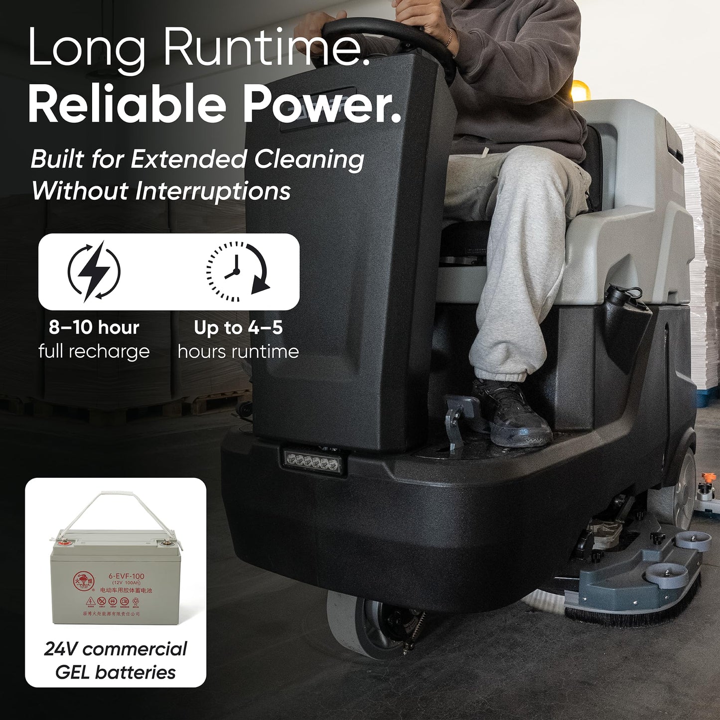 Battery Powered Ride-On Commercial Floor Scrubber Machine, 30" Brush, 39" Squeegee Width, 24 gal Solution Tank, 25 gal Recovery Tank, 5 hr Use 8 hr Charge, 180 RPM, 52,000 Sqft/H, Batteries Included
