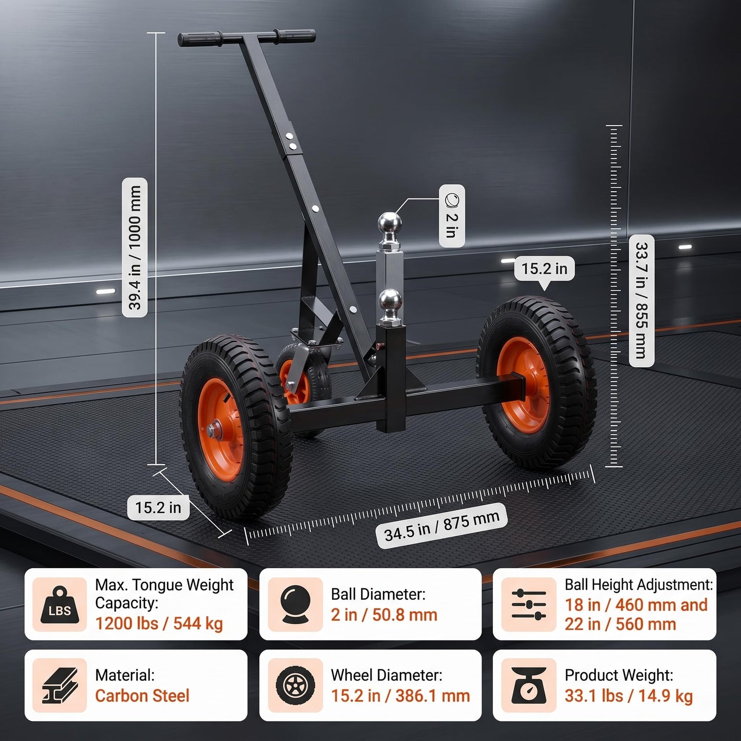 Heavy Duty Trailer Dolly, 1200 lbs Tongue Weight Capacity Trailer Mover with 2" Ball, 15.2" Pneumatic Tires & 8" Swivel Wheel, Adjustable Height Tow Dolly for Boat, RV, Utility Trailers (1200lbs)