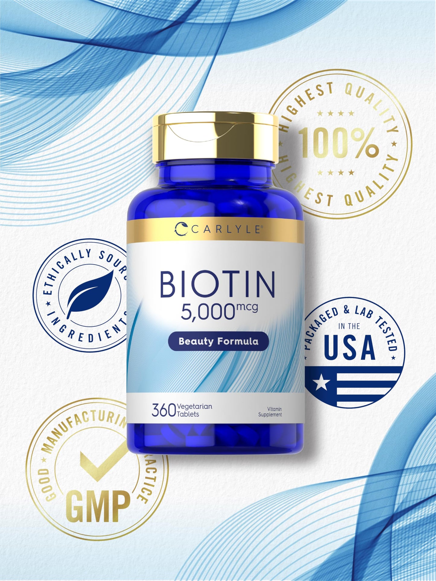 Carlyle Biotin 5000mcg | 360 Vegetarian Tablets | Beauty Formula Supplement for Hair, Skin, and Nails | Non-GMO, Gluten Free