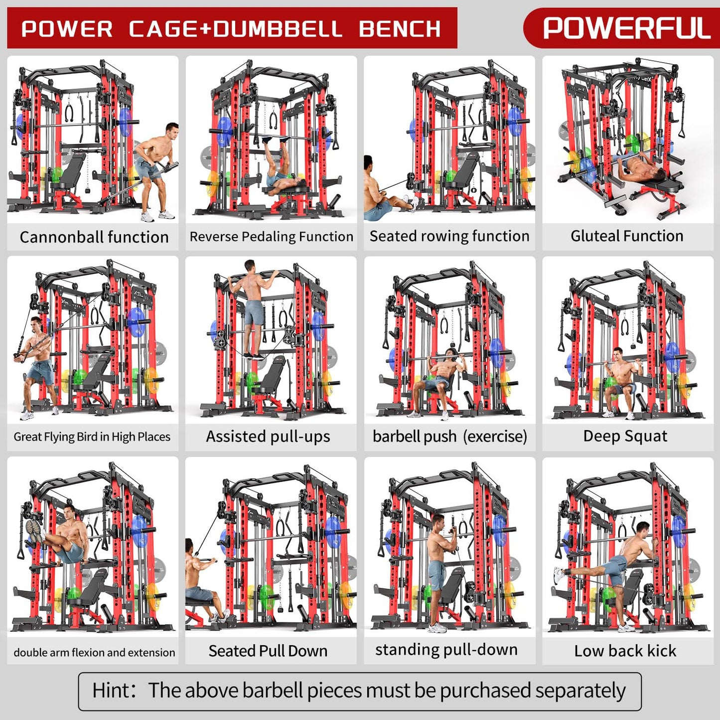 XGSW XINGESIWR Multi-Purpose Squat Rack,Smith Machine Weight Rack Set with Cable Crossover System, Home Gym Power Racks, Power Racks and Packages (L04, Power cage Red+Bench)